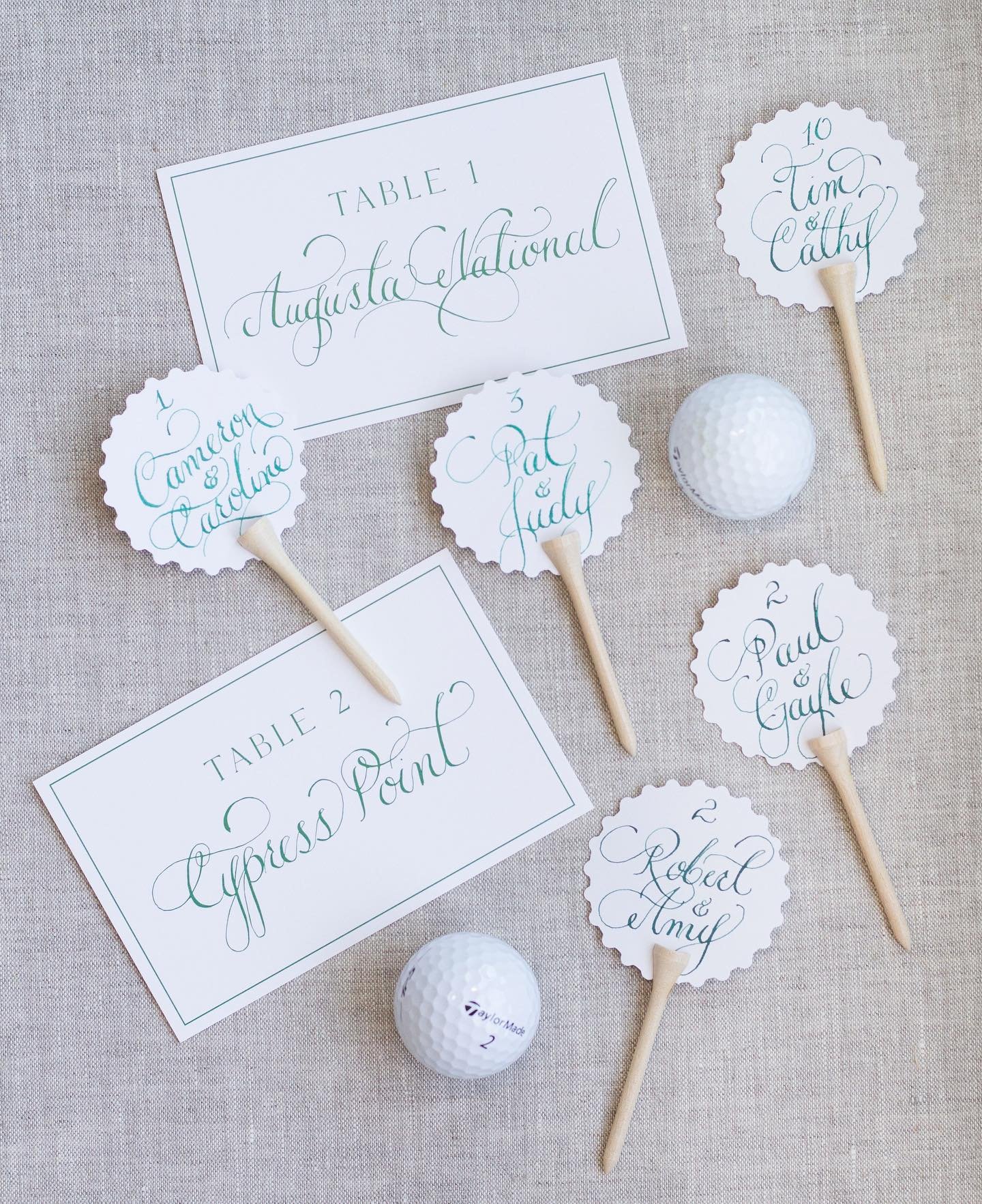 In honor of the Masters ⛳️ we are throwing it back to Caroline and Cameron&rsquo;s custom seating cards and table numbers. The cards were teed up perfectly as guests arrived to the dinner honoring the soon to be newlyweds! 🤍 We are all for an intera