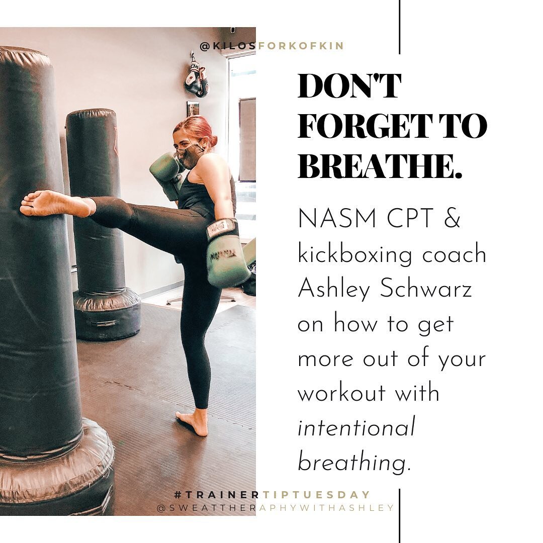 Happy #TrainerTipTuesday ! 

Today we have NSAM CPT &amp; kickboxing coach Ashley Schwarz (@sweattherapywithashley ) with a friendly reminder to BREATHE 🧘&zwj;♀️

Swipe to learn more about how to get the most of your workout with intentional breathi