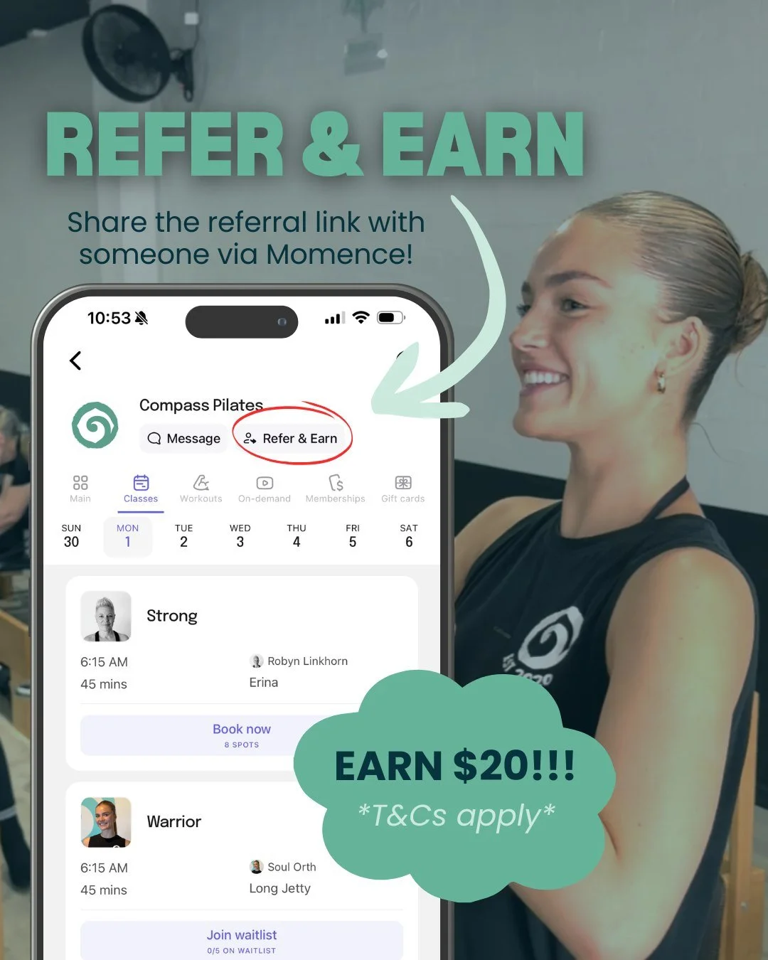 Don&rsquo;t you know about this awesome offer?!💰✨

With our REFER &amp; EARN PROGRAM, you can save $20 every week! Here&rsquo;s how:
1️⃣ Share your unique referral link (found in the Momence App) with someone
2️⃣ Your friend gets 1 free class credit