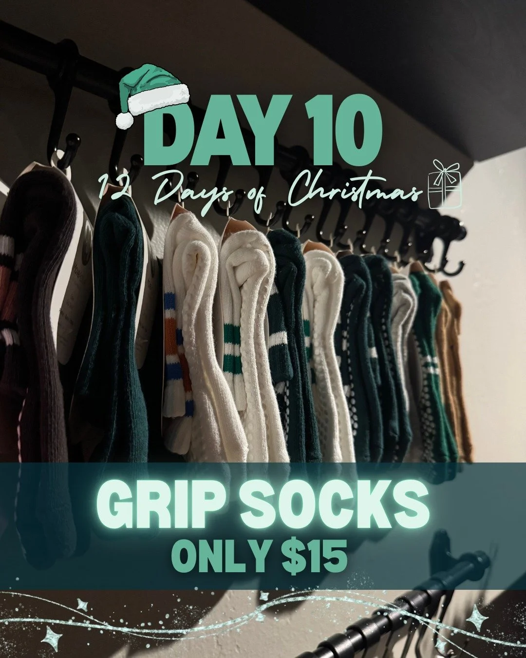 🎄DAY 10 - 12 Days of Christmas🎄
We know you&rsquo;ll all like this one&hellip; 😏

Our grip socks are just $15 today, and yes we have Christmas stock in! Snag a pair for yourself or surprise your Pilates buddy and make their day🥰

Festive feet, he