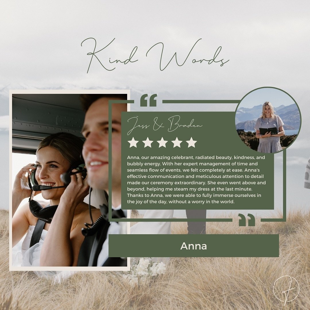 ⭐️⭐️⭐️⭐️⭐️

&ldquo;Anna, our amazing celebrant, radiated beauty, kindness, and bubbly energy. With her expert management of time and seamless flow of events, we felt completely at ease. Anna&rsquo;s effective communication and meticulous attention to