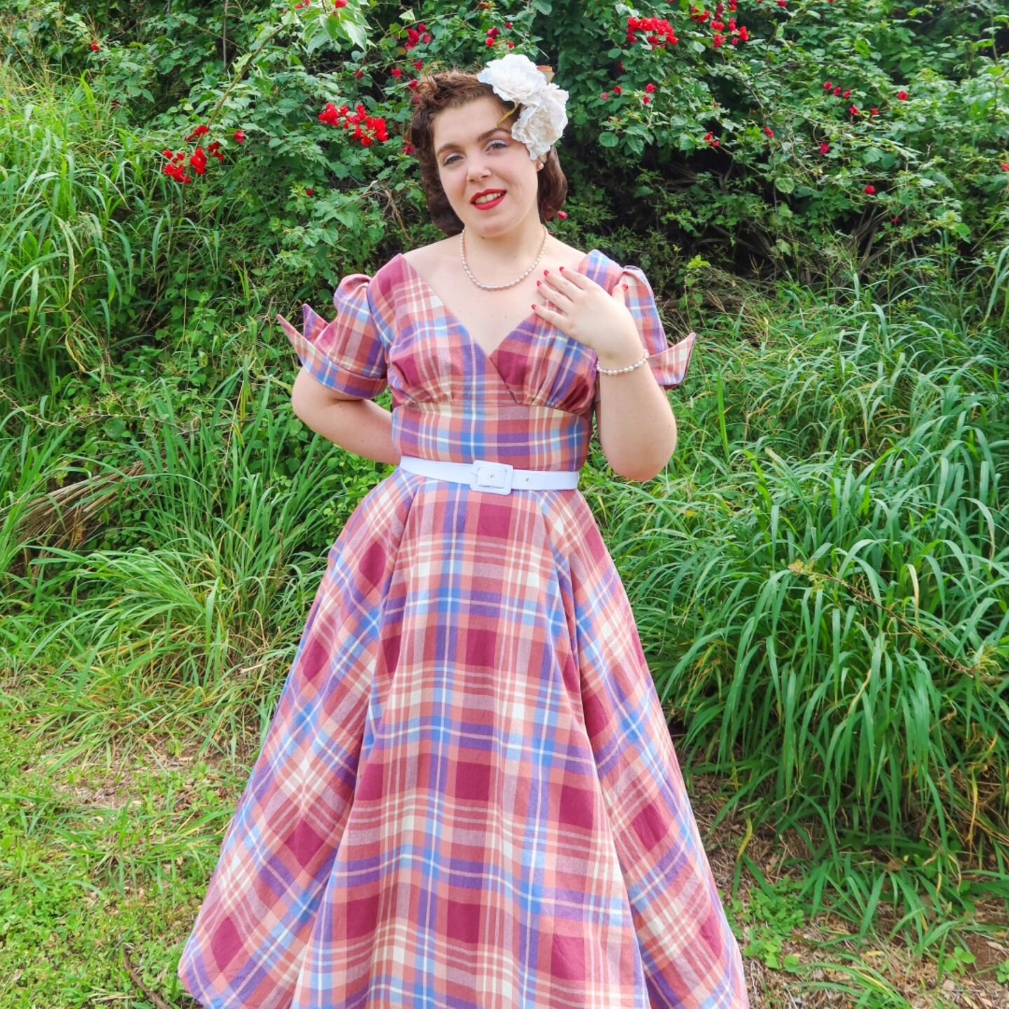 Easter Sunday, 1955. This is my first plaid dress, which I drafted based on a 1955 Australian fashion magazine cover. This fabric is very lovely and has a great hand to it! The colors reminds me of Princess Aurora's color changing dress, so I&rsquo;v