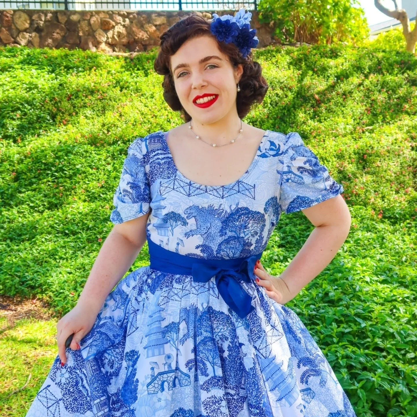 Happy 70th birthday, Godzilla! This dress combines my love for 1950s fashion and Godzilla 🐲 which in my mind is the perfect combination. I self-drafted this number based on a Vogue pattern from 1954. The fabric is a beautiful combination of traditio