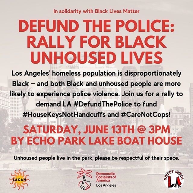 LA&rsquo;s housing and COVID crisis disproportionately affects Black People. We are continuing to demand the city to #DefundThePolice and reallocate sources and funds to housing and healthcare.⁣
⁣
Black People make up only 8% of LA&rsquo;s population
