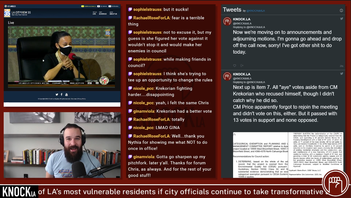 Knock's live tweeting of LA City Council meetings, live on twitter and twitch
