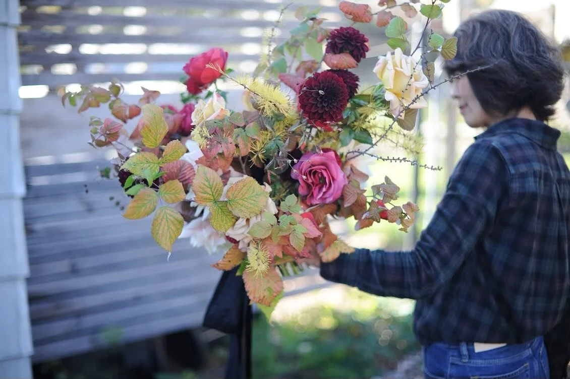 Gathered all these ingredients from our farm &mdash; overflowing with rich color last weekend! 

Beautiful tamarack branches from our friend at @songbird_acres. Wild raspberry greens from the woods nearby. 

#wildharvest #flowercrown #dahliaseason #g