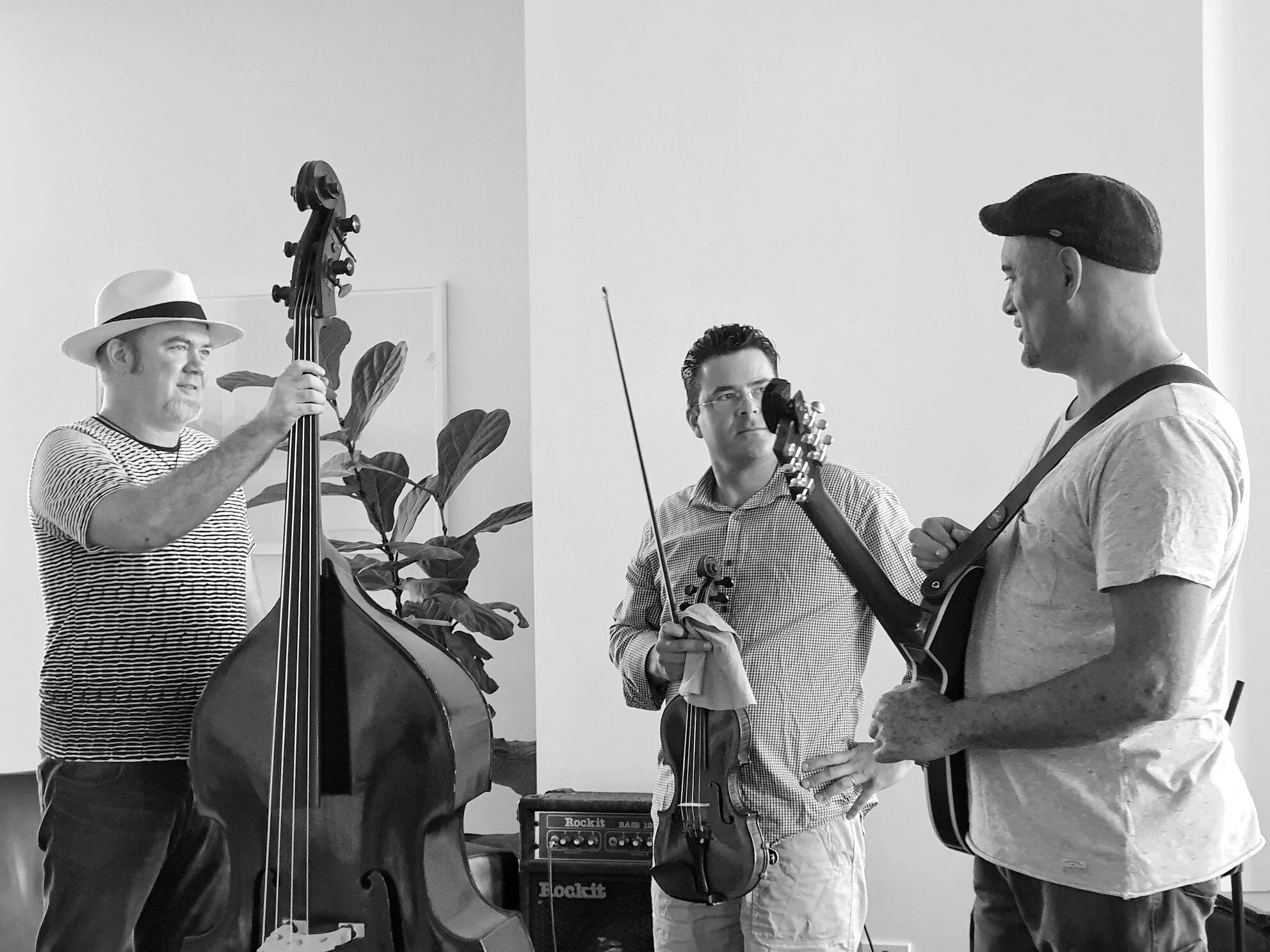 Mat Fieldes, Joe Harrop and Dixon Nacey rehearsing at Hypatia Precinct, January 2020.