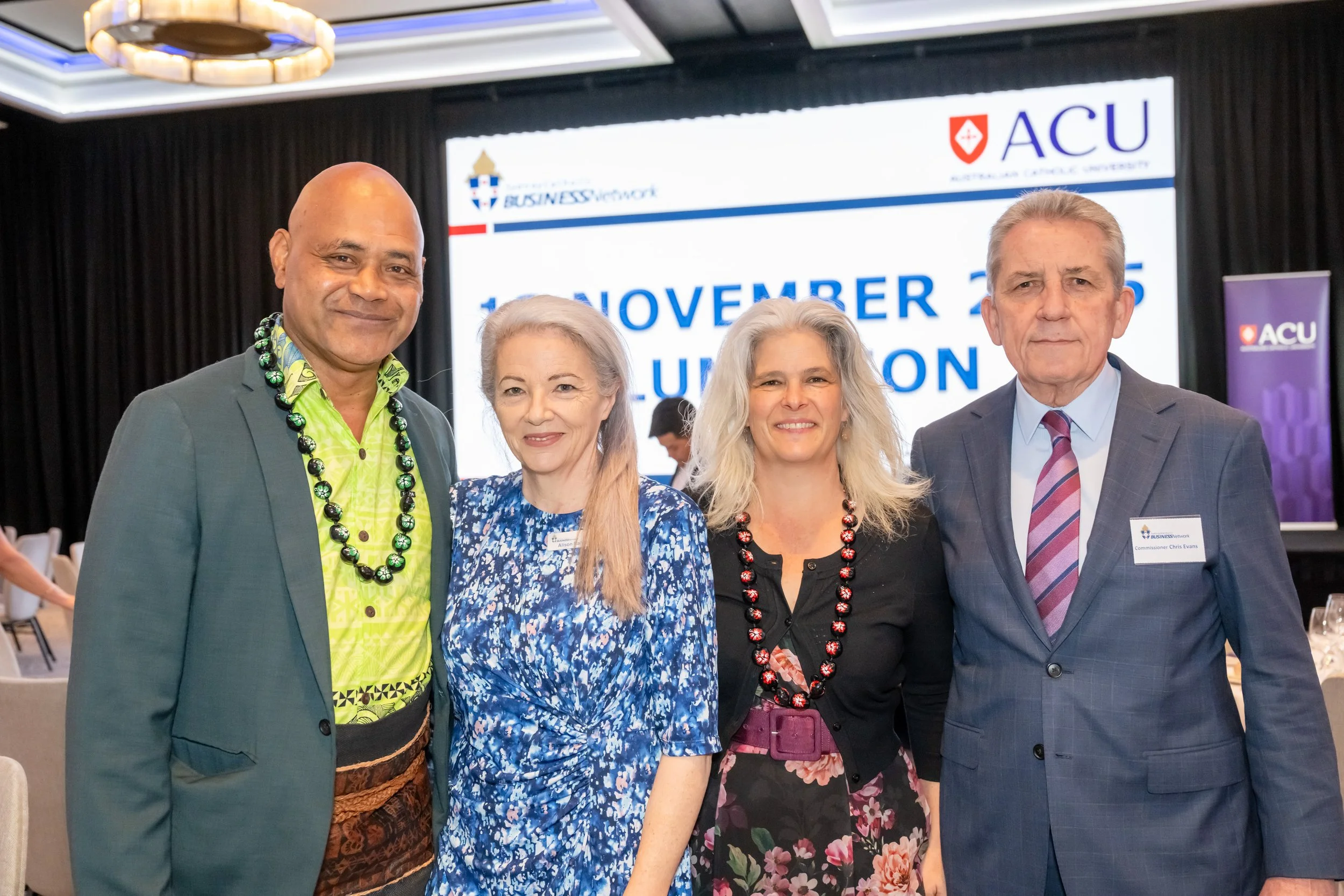 ACAN team members Moe Turaga, Alison Rahill and Jenny Stanger with Australian Anti-Slavery Commissioner Chris Evans at a Sydney Catholic Business Network lunch on 13 November 2025