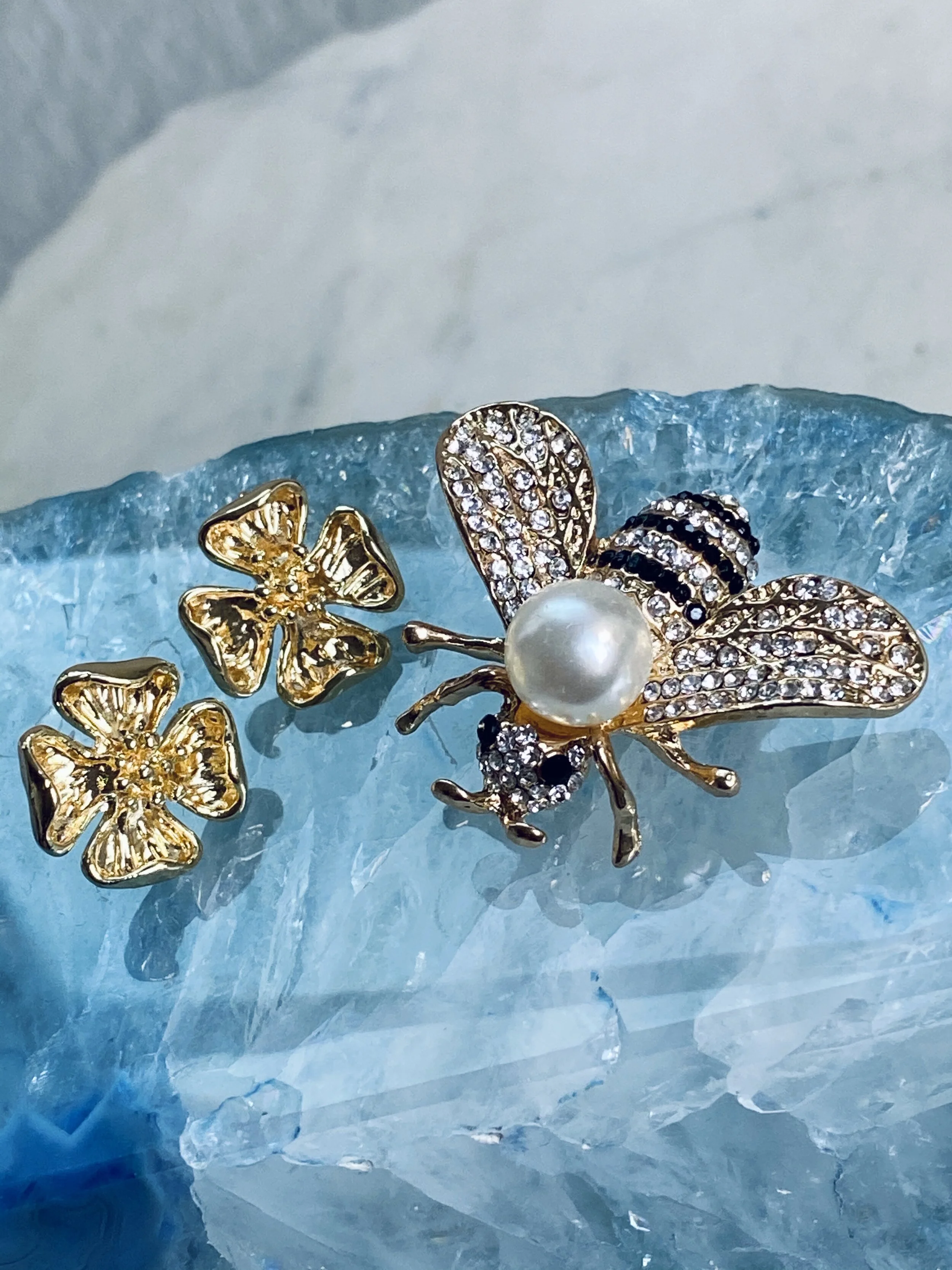 Gold Flower Earrings Bee Brooch.jpg