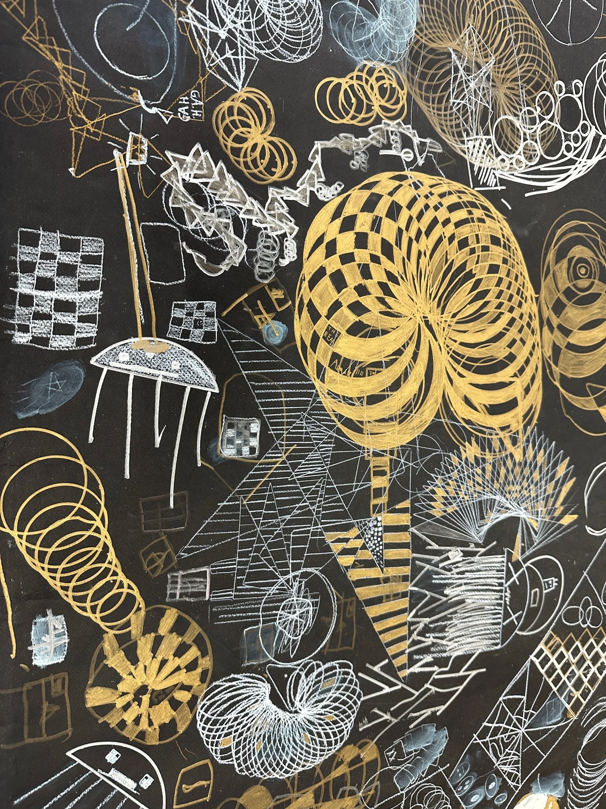 The Dalton School collaborative abstract drawings using recycled materials (4th Grade)