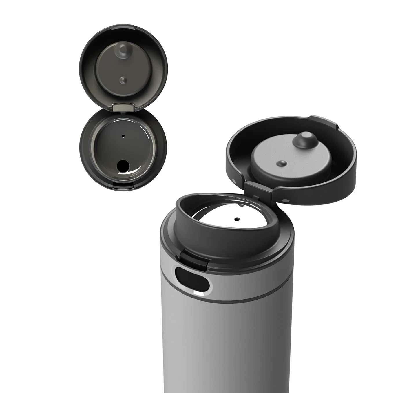  Press button to flip open leak proof lid. 