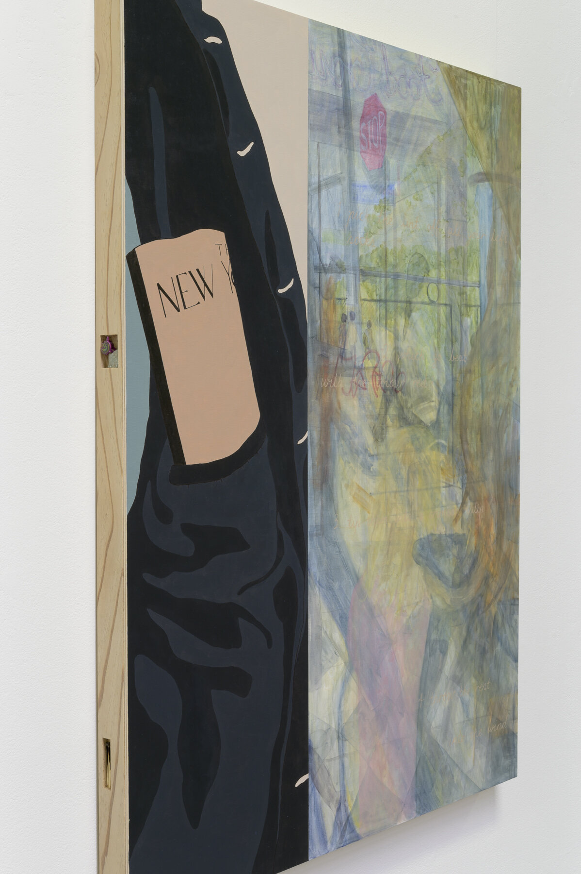   i only read the new yorker  (installation view)  2019. Oil paint and found objects on plywood board. 104 x 79 x 4.9.  Image courtesy of Aaron Christopher Rees. 