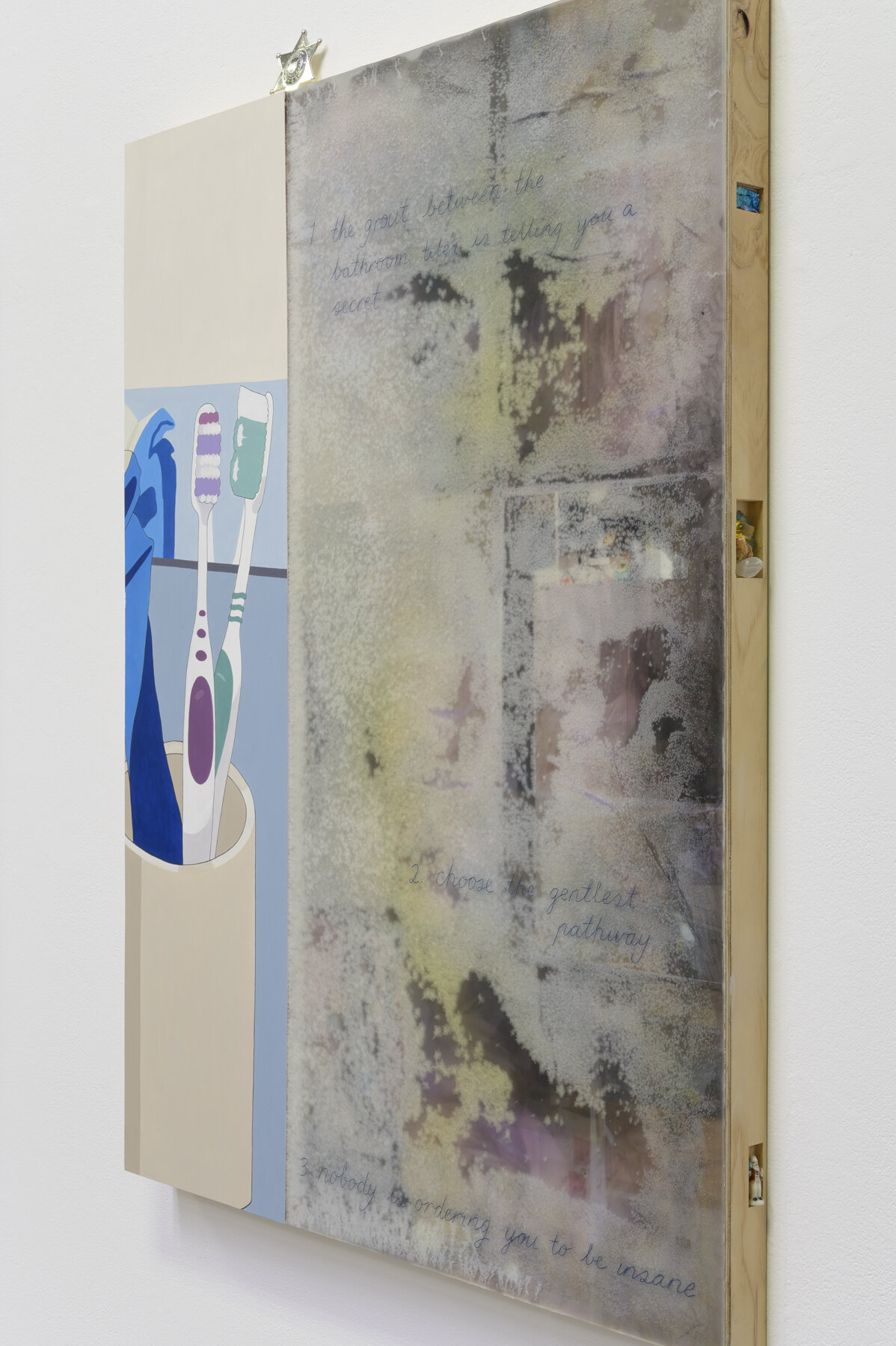   every morning, i rearrange our toothbrushes so we stay happy  (installation view)   2019. Oil paint, paraffin wax, paper, and found objects on plywood board. 104 x 79 x 5.6.  Image courtesy of Aaron Christopher Rees. 