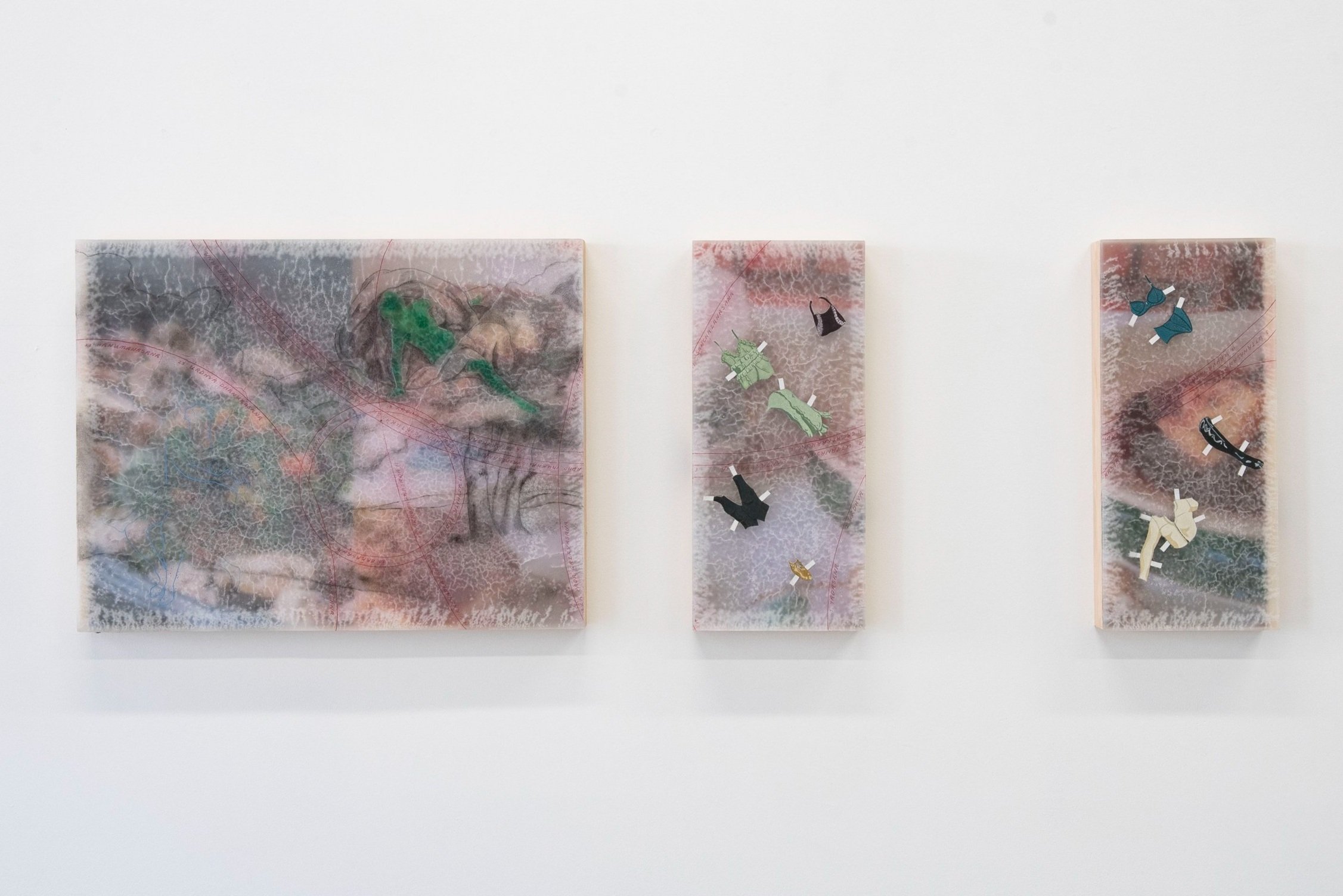   Hera as Untouchable Elegance , 2021   Triptych - paraffin wax, resin, oil paint, paper, canvas, found objects on plywood and pine cradle frame.   Left panel measures 51.5 x 40 x 4 cm; two right panels measure 17.7 x 40 x 4 cm.    Image courtesy of 