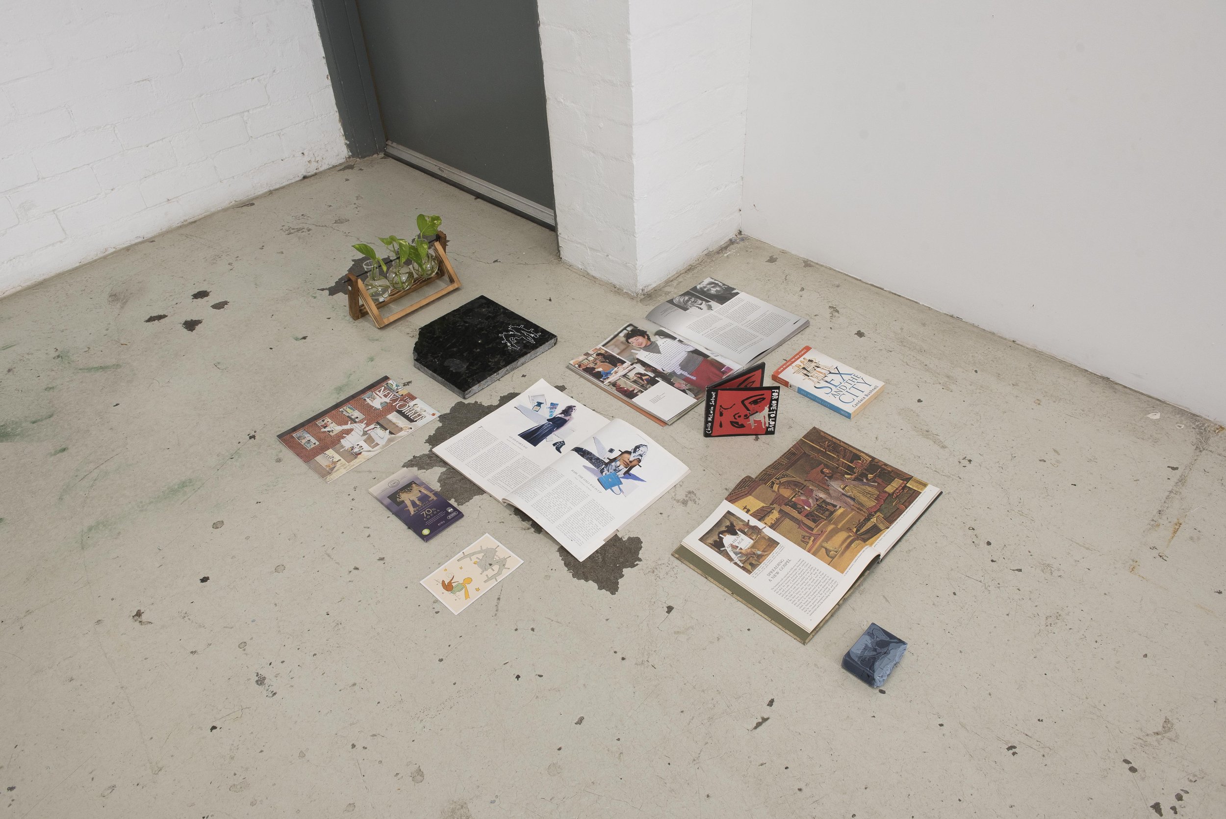   just encase , 2021    Installation (floor piece and throughout gallery space) - books, magazines, stone tile, devil’s ivy, card, CD case, soap, glass bowl, marker, dark chocolate.   Dimensions variable.   Image courtesy of Jordan Halsall. 