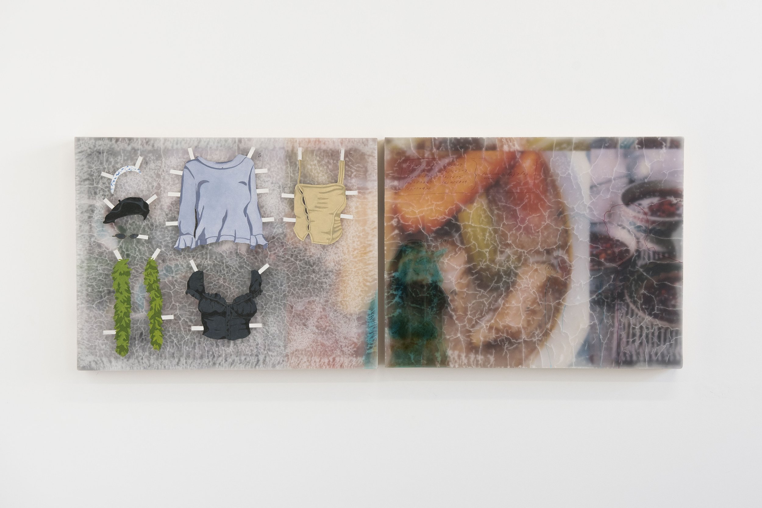   Carrie as Parisian Chic , 2021   Diptych - paraffin wax, resin, oil paint, paper, canvas, found objects on plywood and pine cradle frame.   Each panel measures 51.5 x 40 x 4 cm.   Image courtesy of Jordan Halsall. 