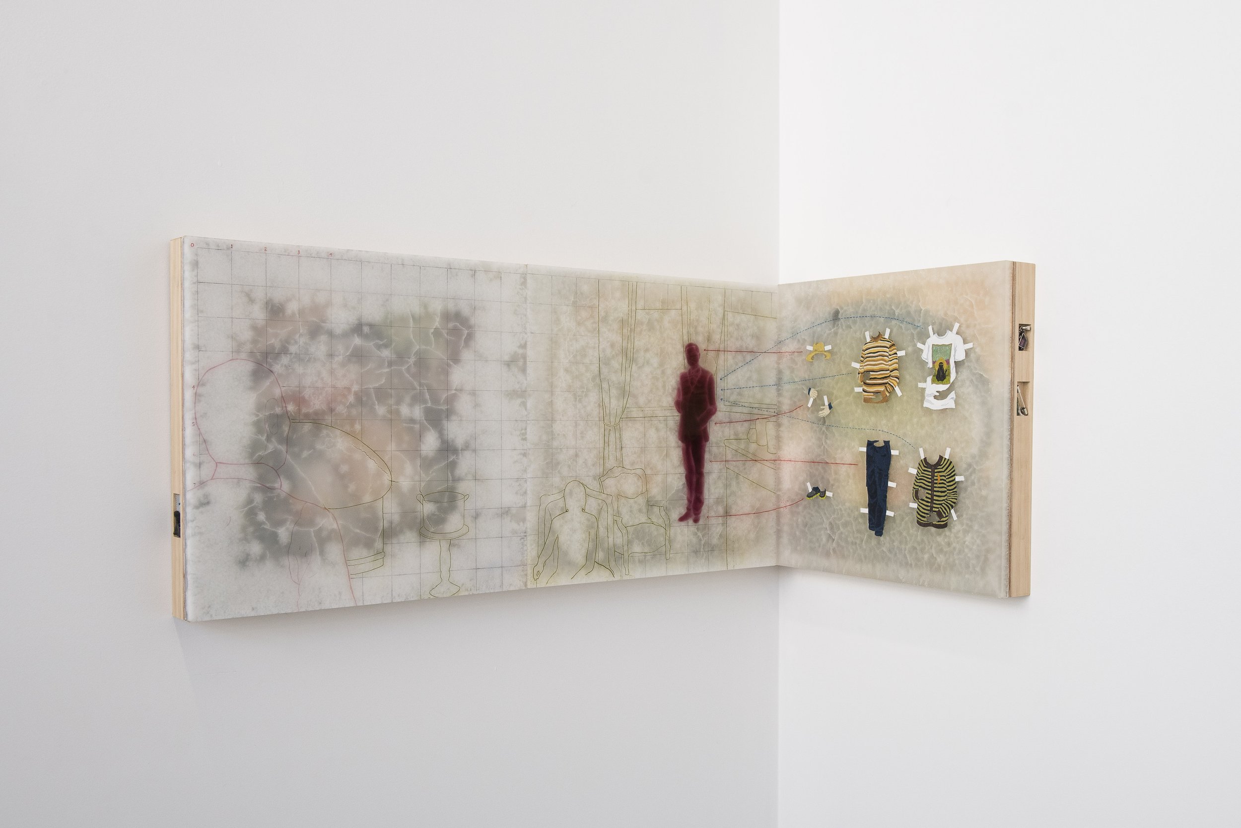   Jay as Garden Enthusiast , 2021   Triptych - paraffin wax, resin, oil paint, paper, canvas, found objects on plywood and pine cradle frame.   Each panel measures 34 x 33.5 x 4 cm.   Image courtesy of Jordan Halsall. 