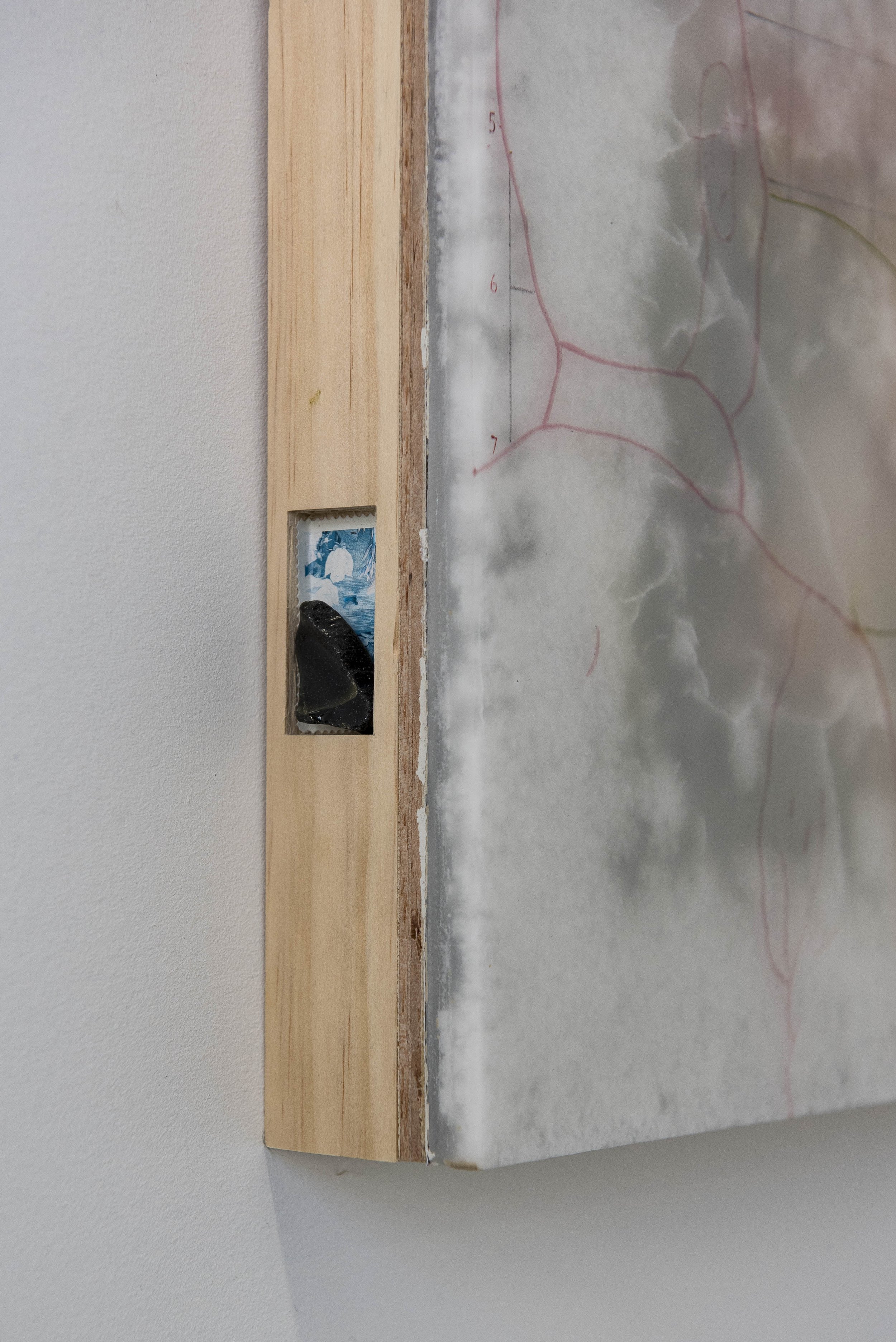   Jay as Garden Enthusiast  (detail), 2021   Triptych - paraffin wax, resin, oil paint, paper, canvas, found objects on plywood and pine cradle frame.   Each panel measures 34 x 33.5 x 4 cm.   Image courtesy of Jordan Halsall. 