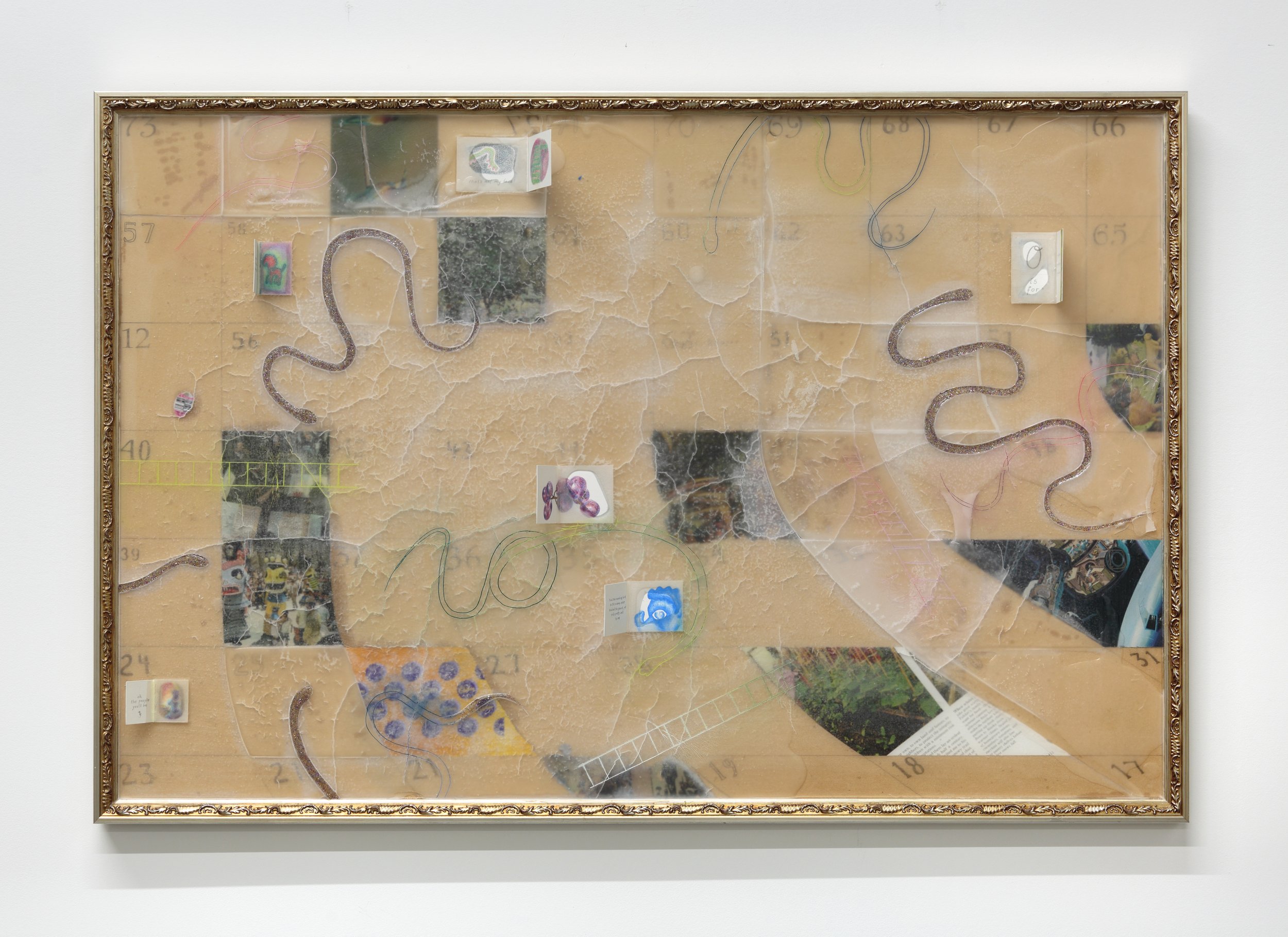   that ain’t plot (1)    2023   Ornate frame, paraffin wax, paper, resin, glitter, found images, pencil, oil paint.   90 x 60 cm   Image courtesy of Tim Gresham 
