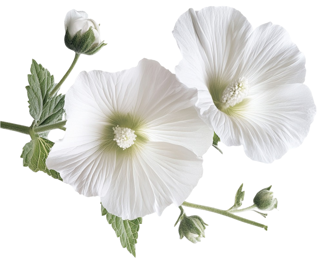 Two white hollyhock flowers with green leaves and buds on a stem