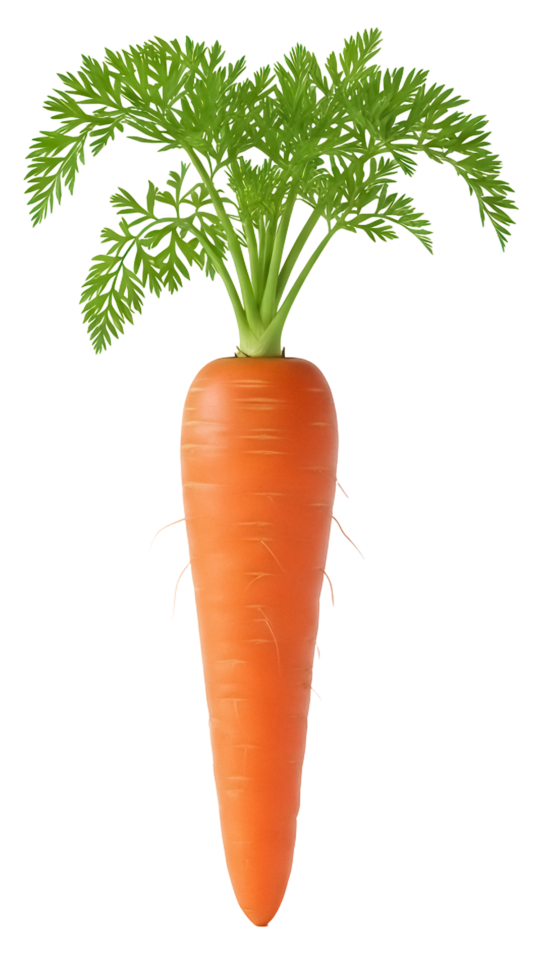 A carrot with green leafy tops and a bright orange root.