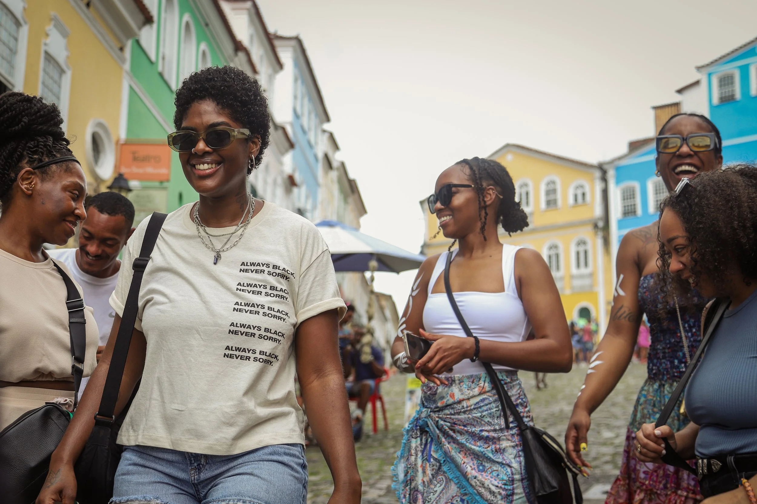 Buoyant travelers on a group trip in Salvador, Brazil.
