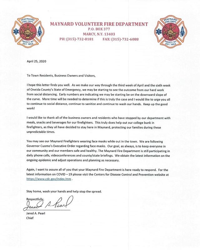 To Town Residents, Business Owners and Visitors,
I hope this letter finds you well. As we make our way through the third week of April and the sixth week of Oneida County’s State of Emergency, we may be starting to see the outcome from our har