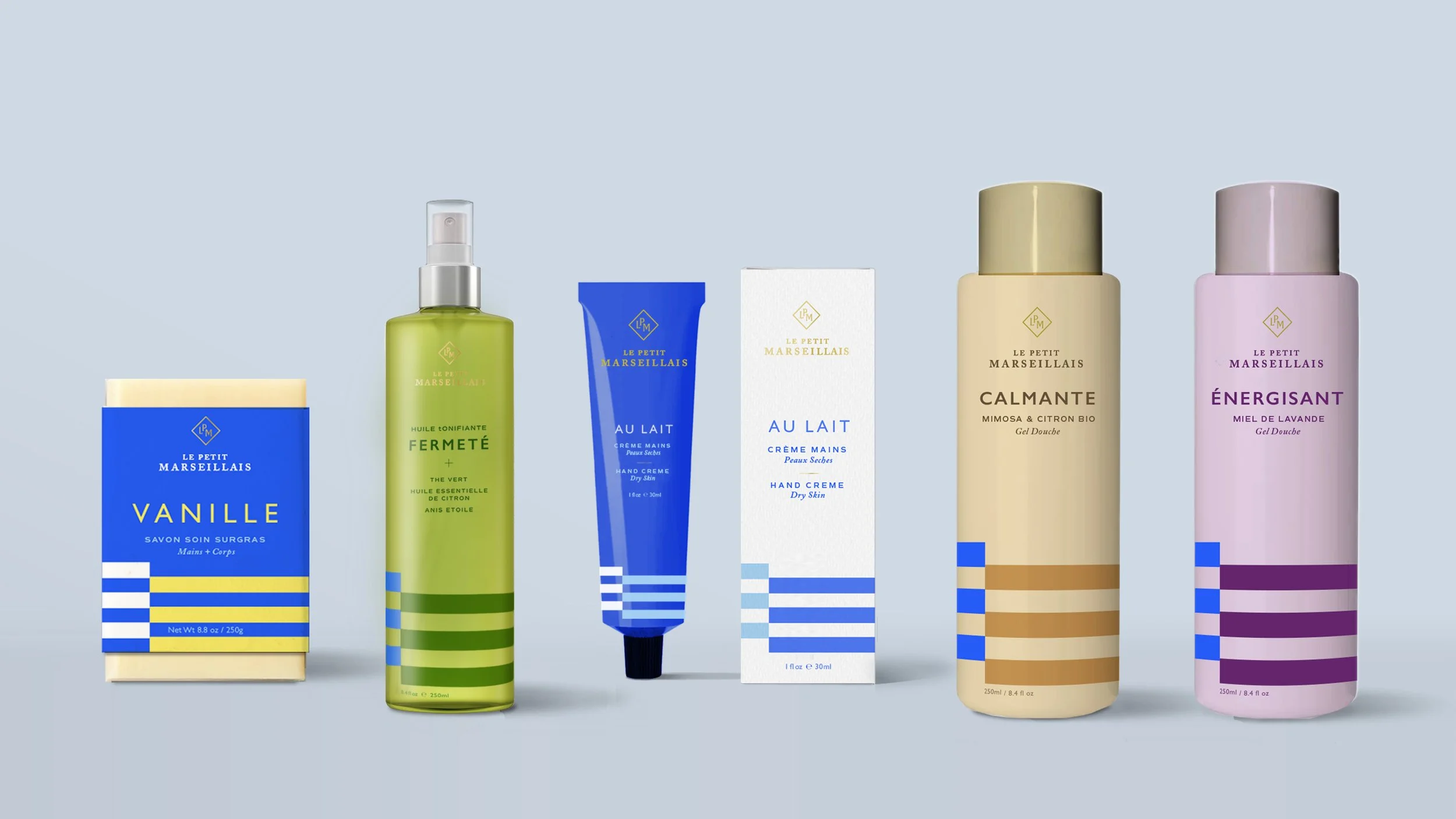 The iconic nautical stripes act as the primary graphic element throughout the portfolio, changing in scale and color, but lending a consistent and recognizable foundation to each piece of packaging.