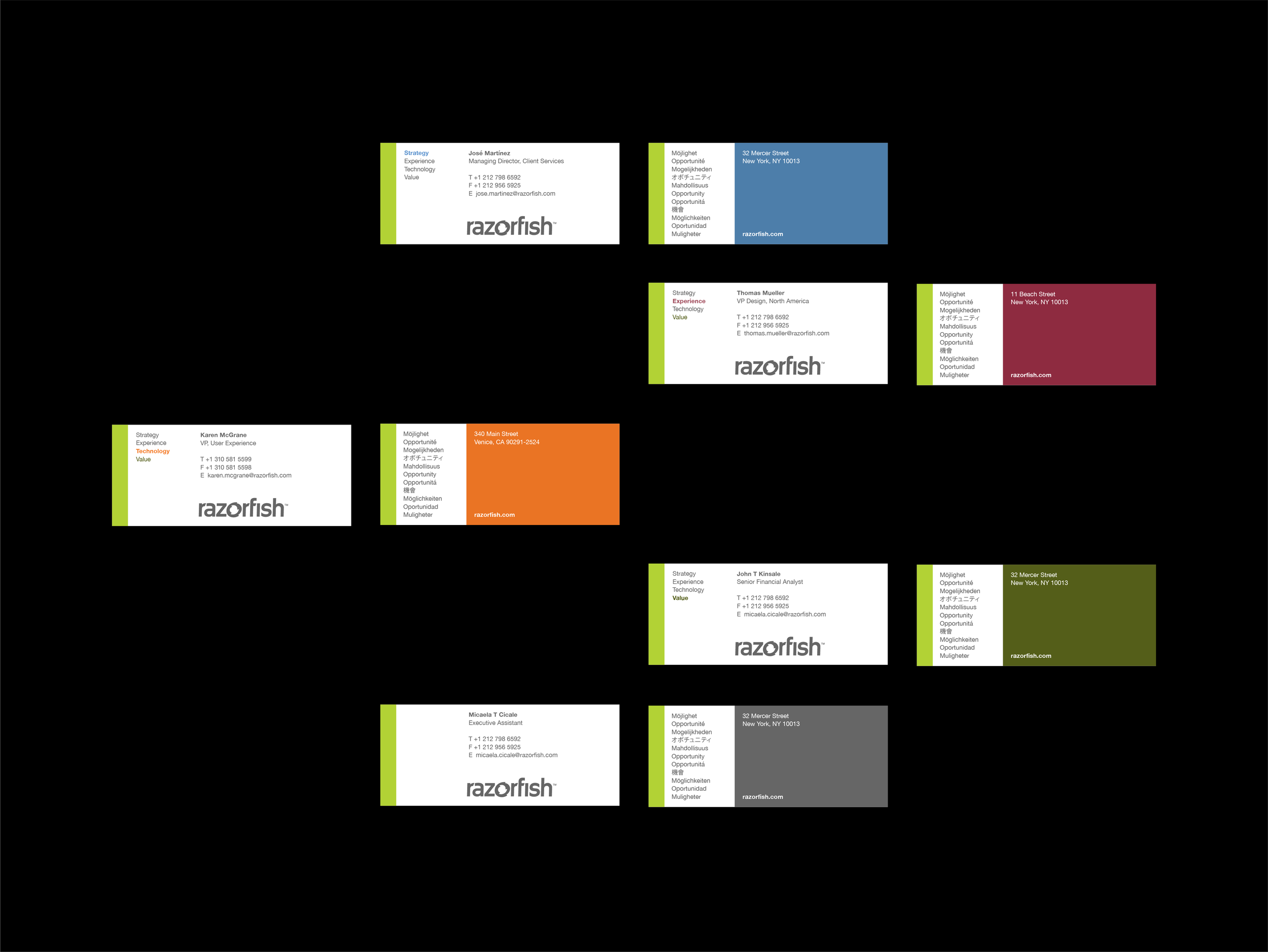 Razorfish's client-facing staff were reorganized into four networks—Strategy, Experience, Technology and Value. The evolved identity introduced a secondary color palette so each network could retain its own identity within the overall Razorgish brand