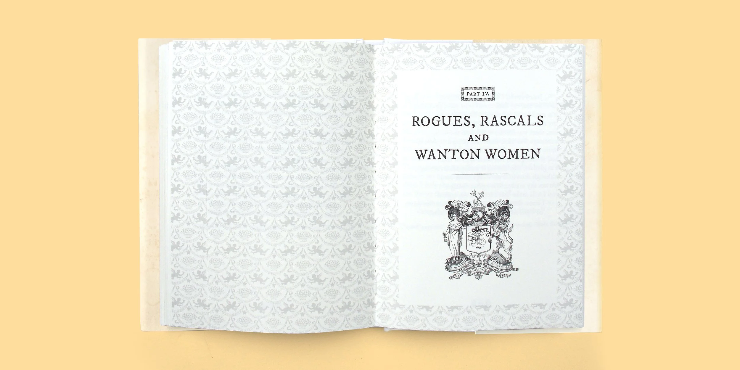In keeping with the Elizabethan theme, each section featured an etching of a coat of arms; I redrew these to incorporate modern touches like graffiti or sunglasses.