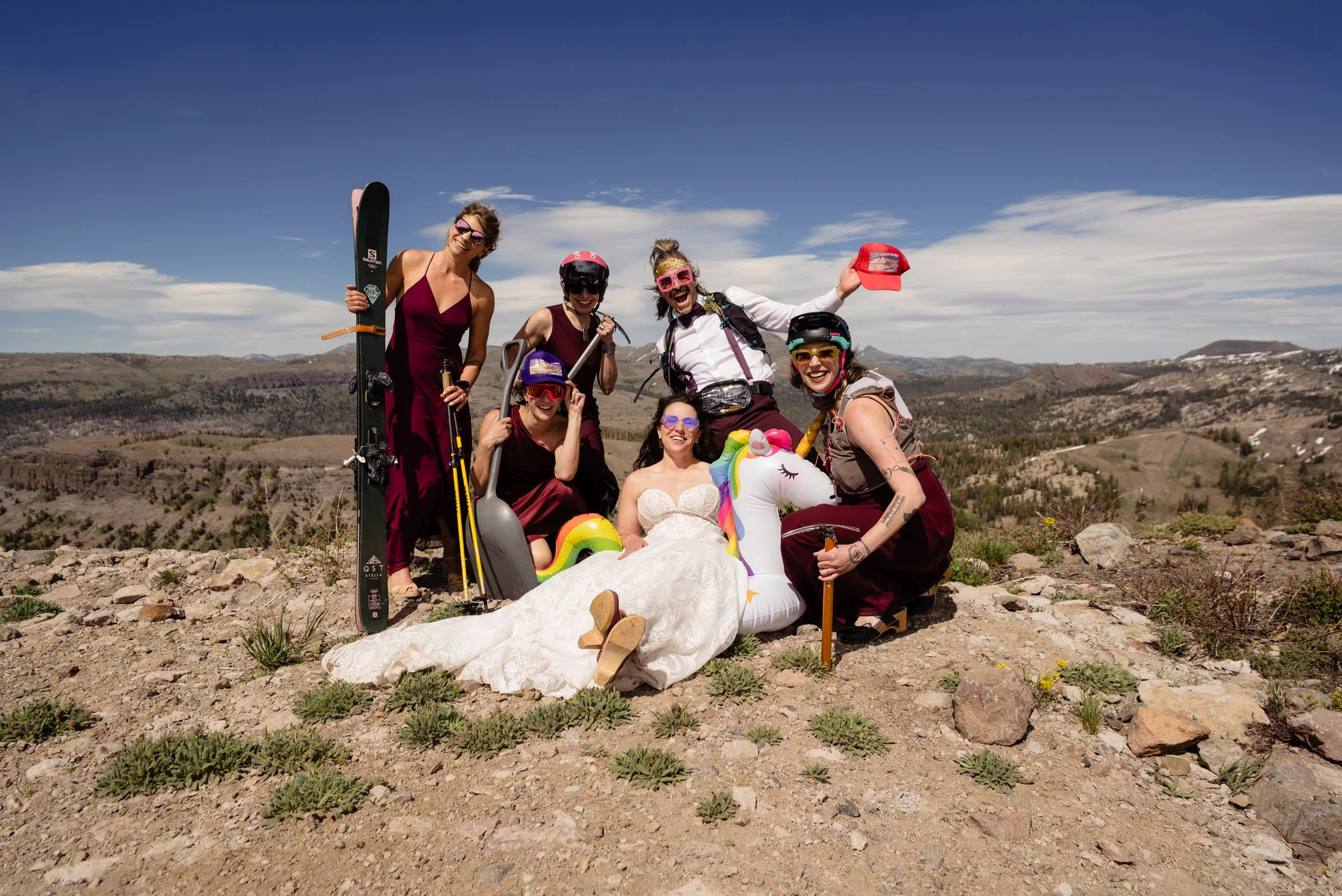 Crazy bridal party at adventure wedding with photographer