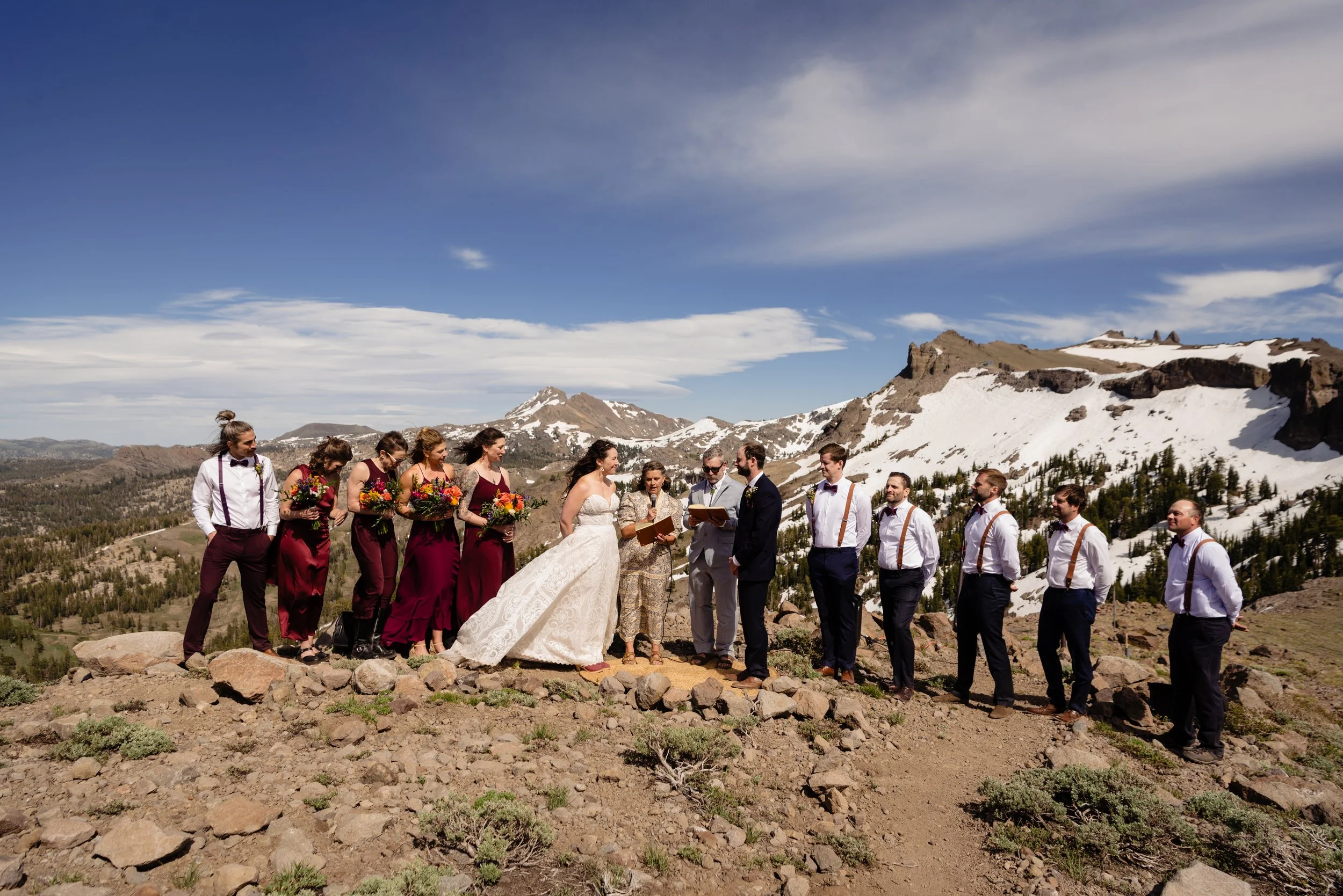 Bridal party at beautiful mountain wedding in Lake Tahoe