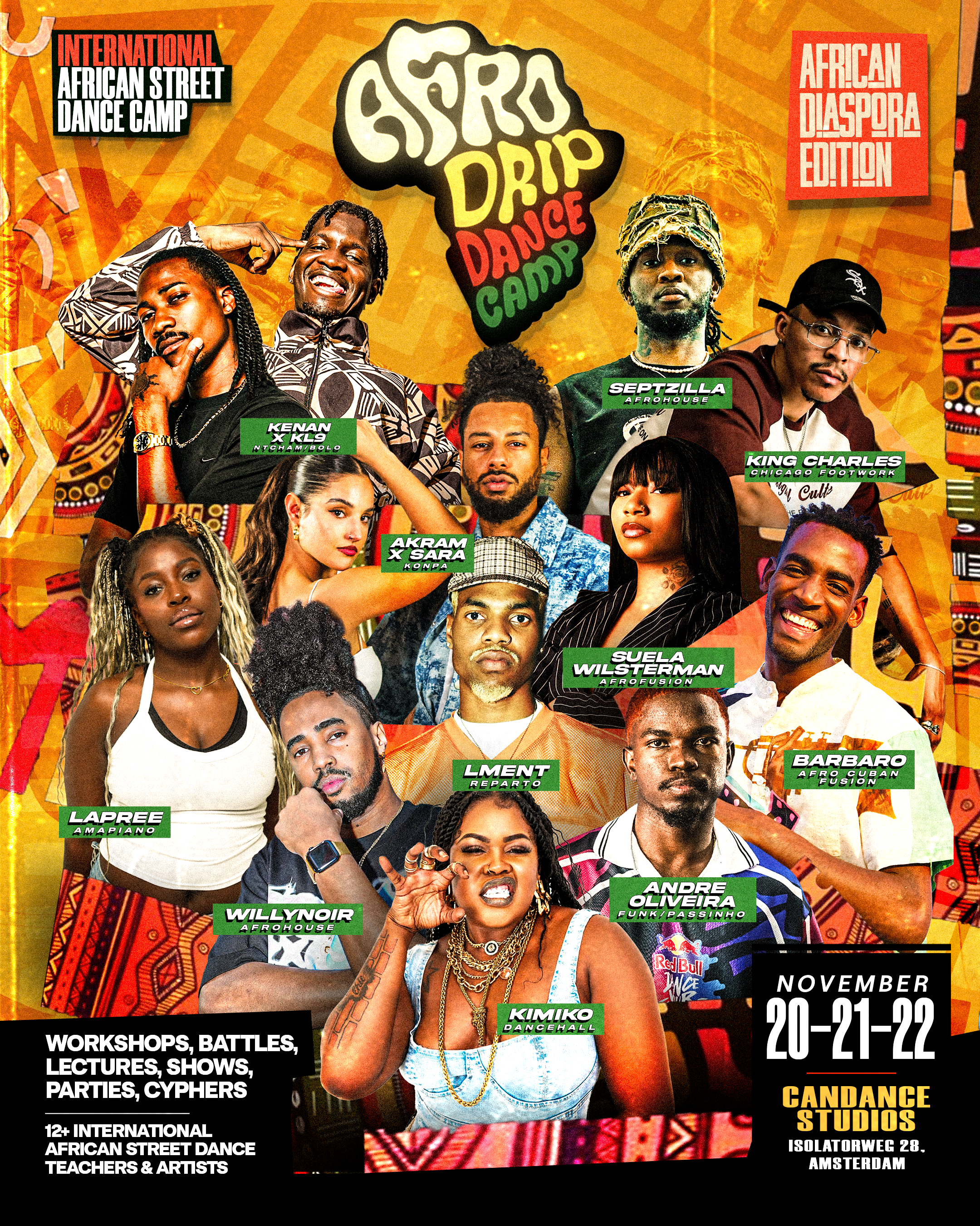 AfroDrip Dance Camp African Diaspora Edition artist poster, 20–22 November, Amsterdam