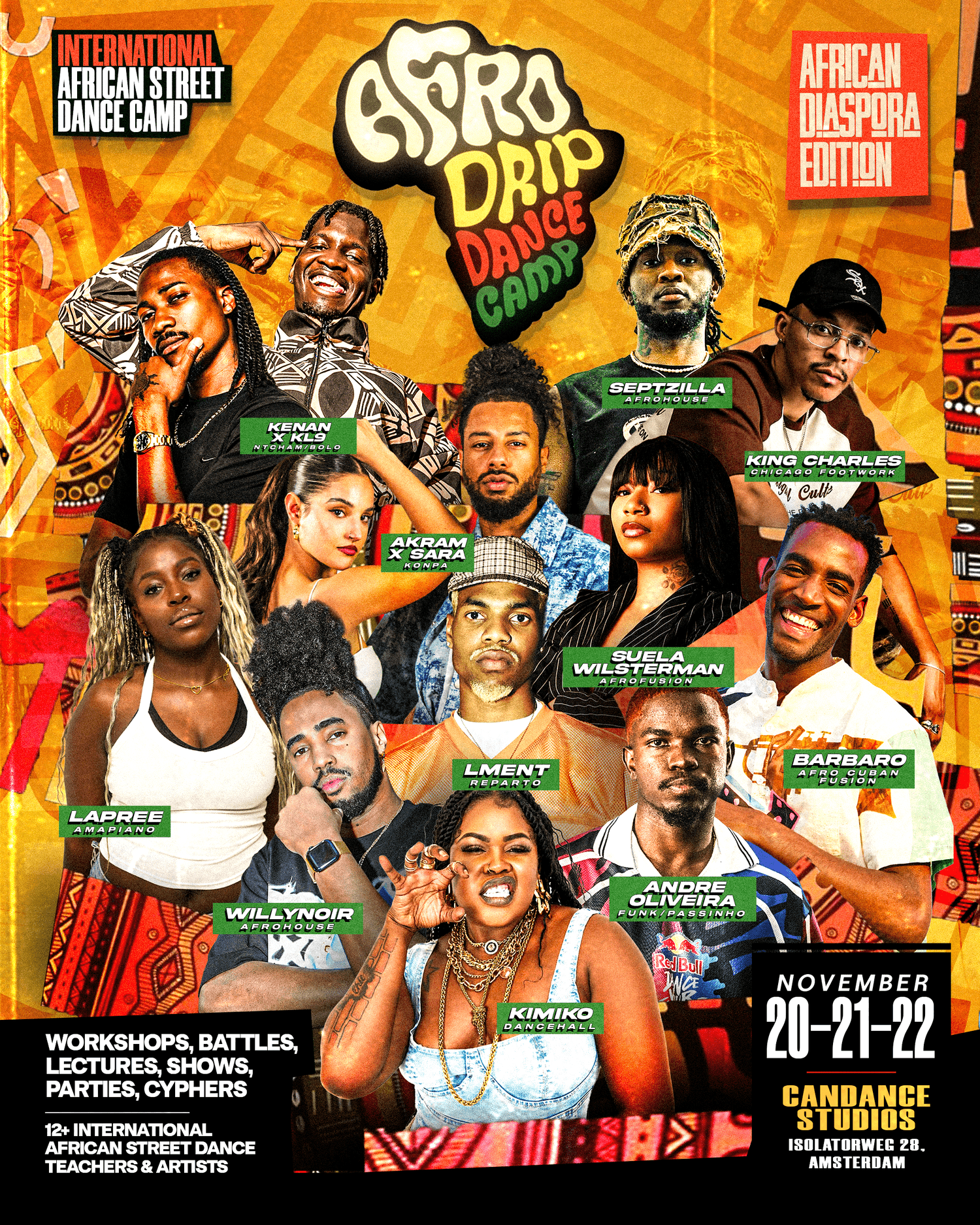 AfroDrip Dance Camp 2026, African Diaspora Edition main flyer, November 20, 21 and 22, CanDance Studios Amsterdam