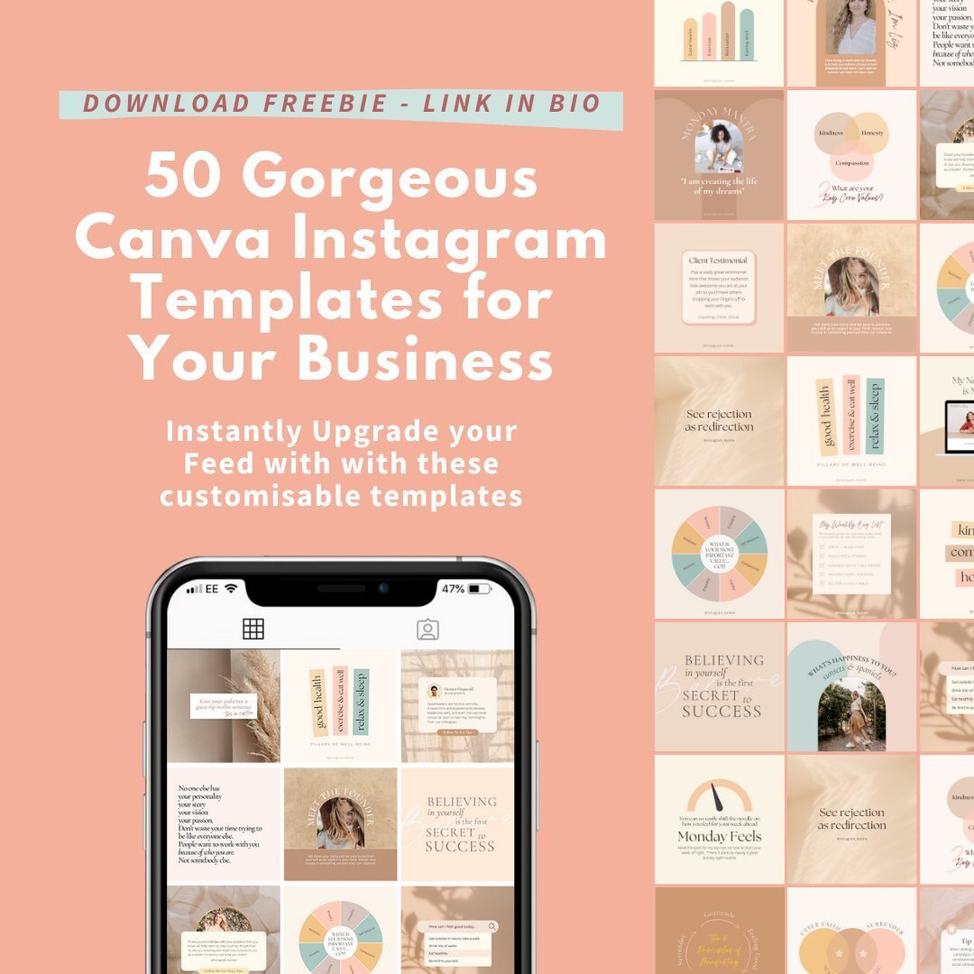 Ready to take your Instagram game to the next level? 📲🌟💥 I've got just the thing! My FREE download of 50 Gorgeous Canva Instagram Templates are here to help your business stand out online. 🎨💻🚀 From stunning graphics to eye-catching layouts, the