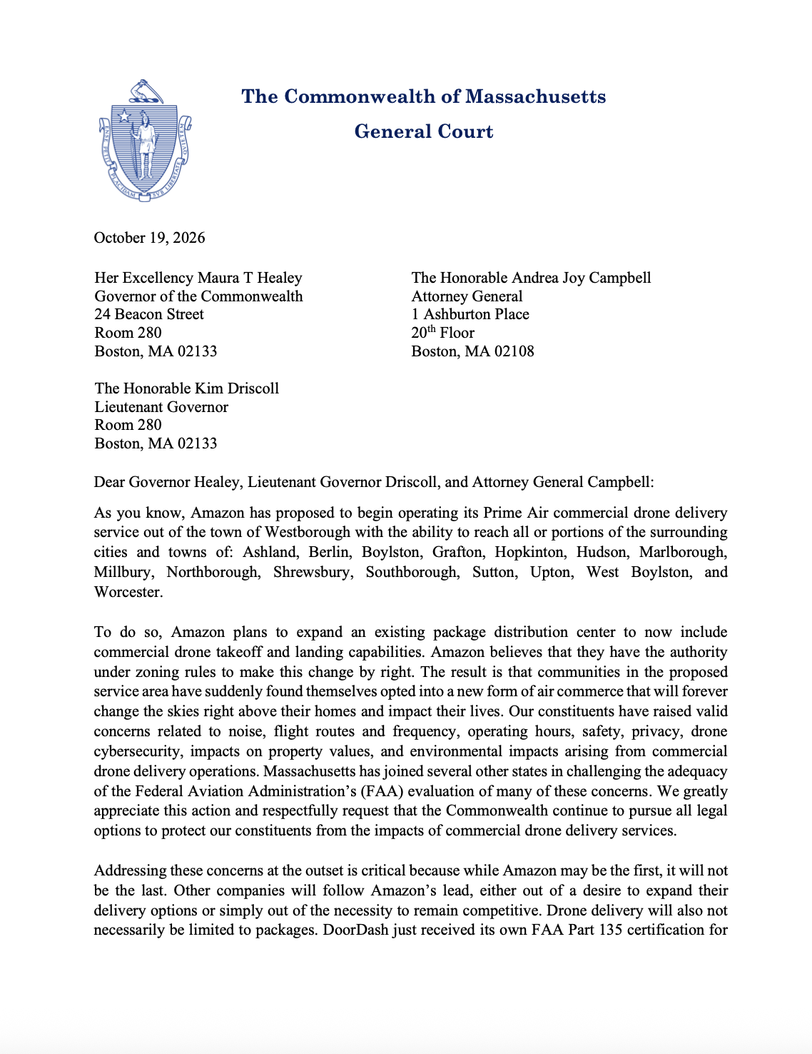 Page one of the Letter to the Governor, LG, and AG with concerns regarding the commercial drone delivery operations being implemented in Massachusetts