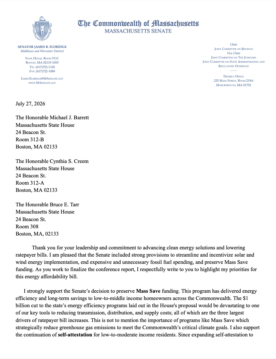 First page of Senator Eldridge's letter in support of the energy affordability bill.