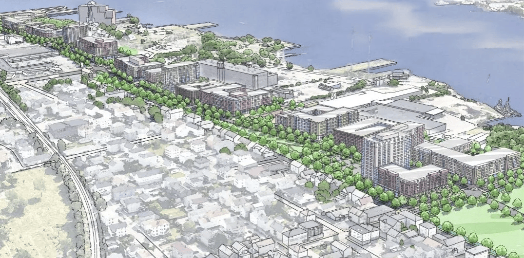 An illustration of the waterfront development plans at the Davol Street Corridor in Fall River. 
