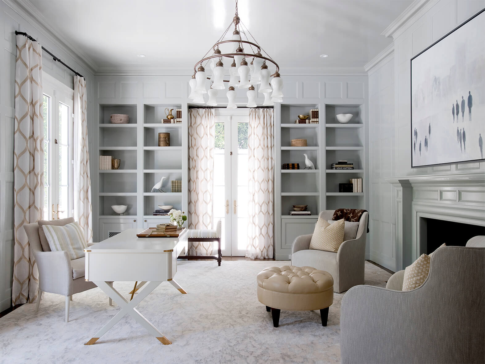 Gray and white modern LA sitting room.