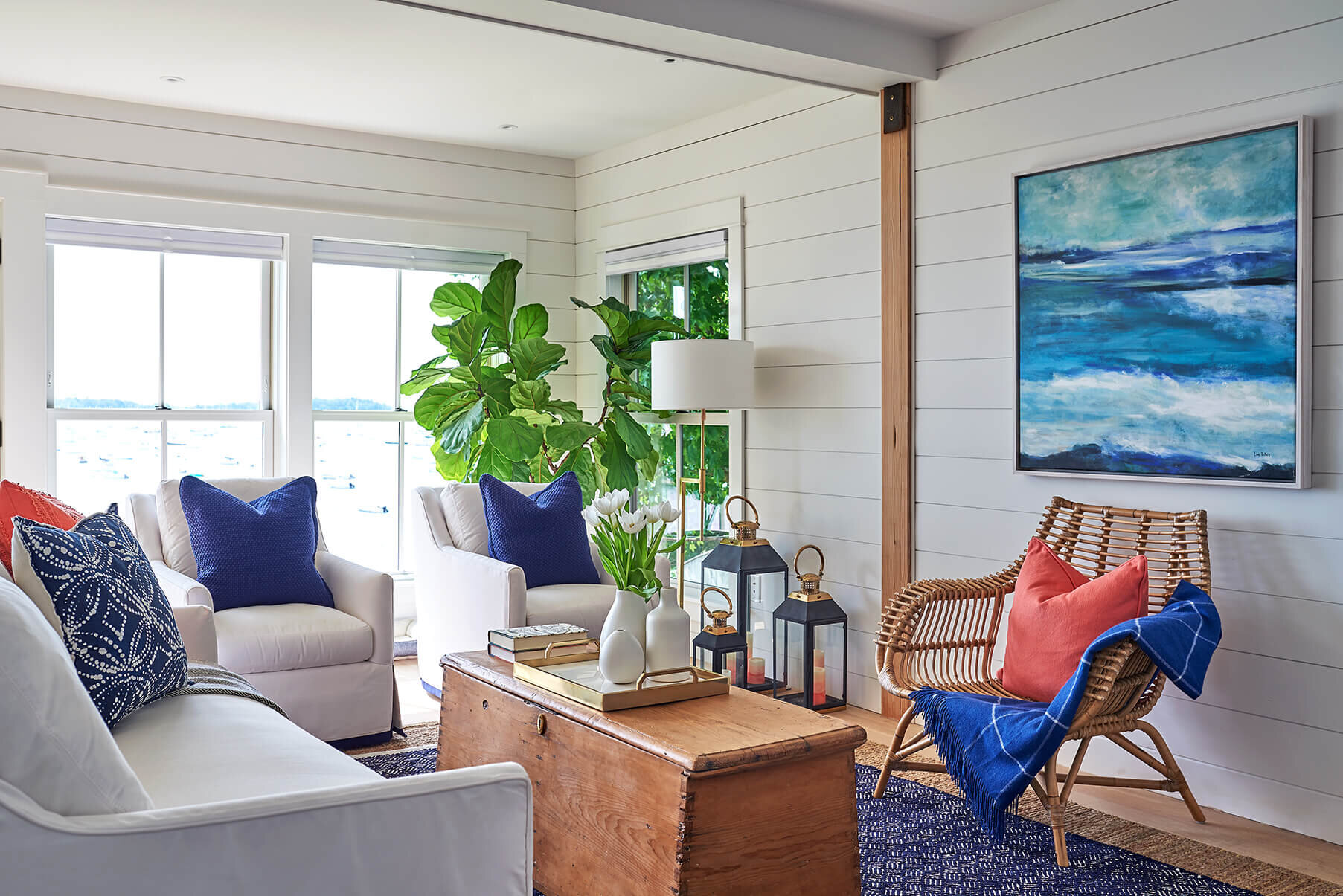 Living room interior with blue painting.