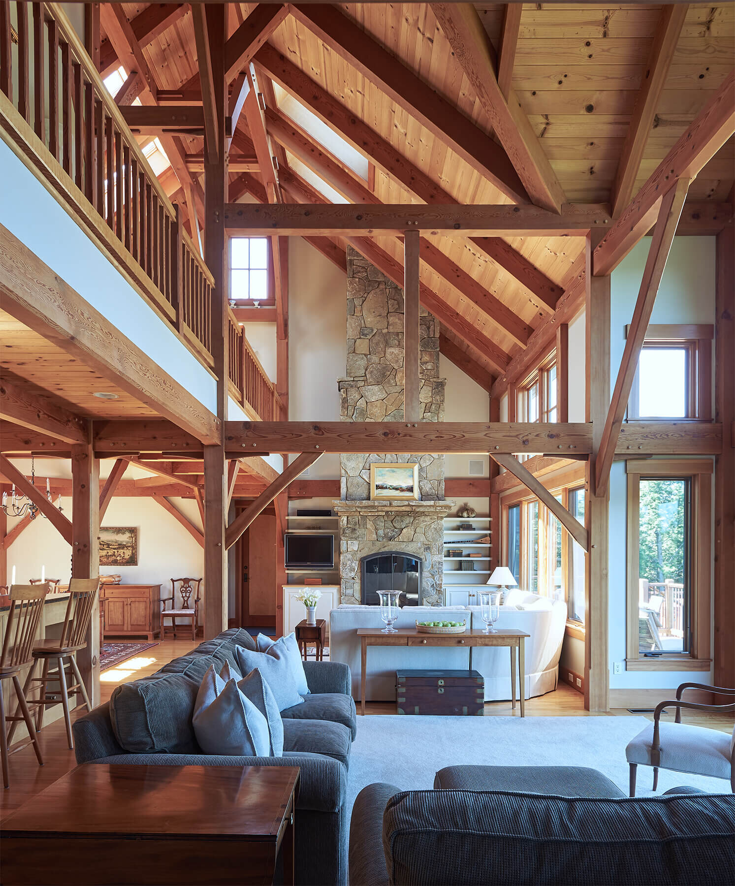 Two story timbered living room.
