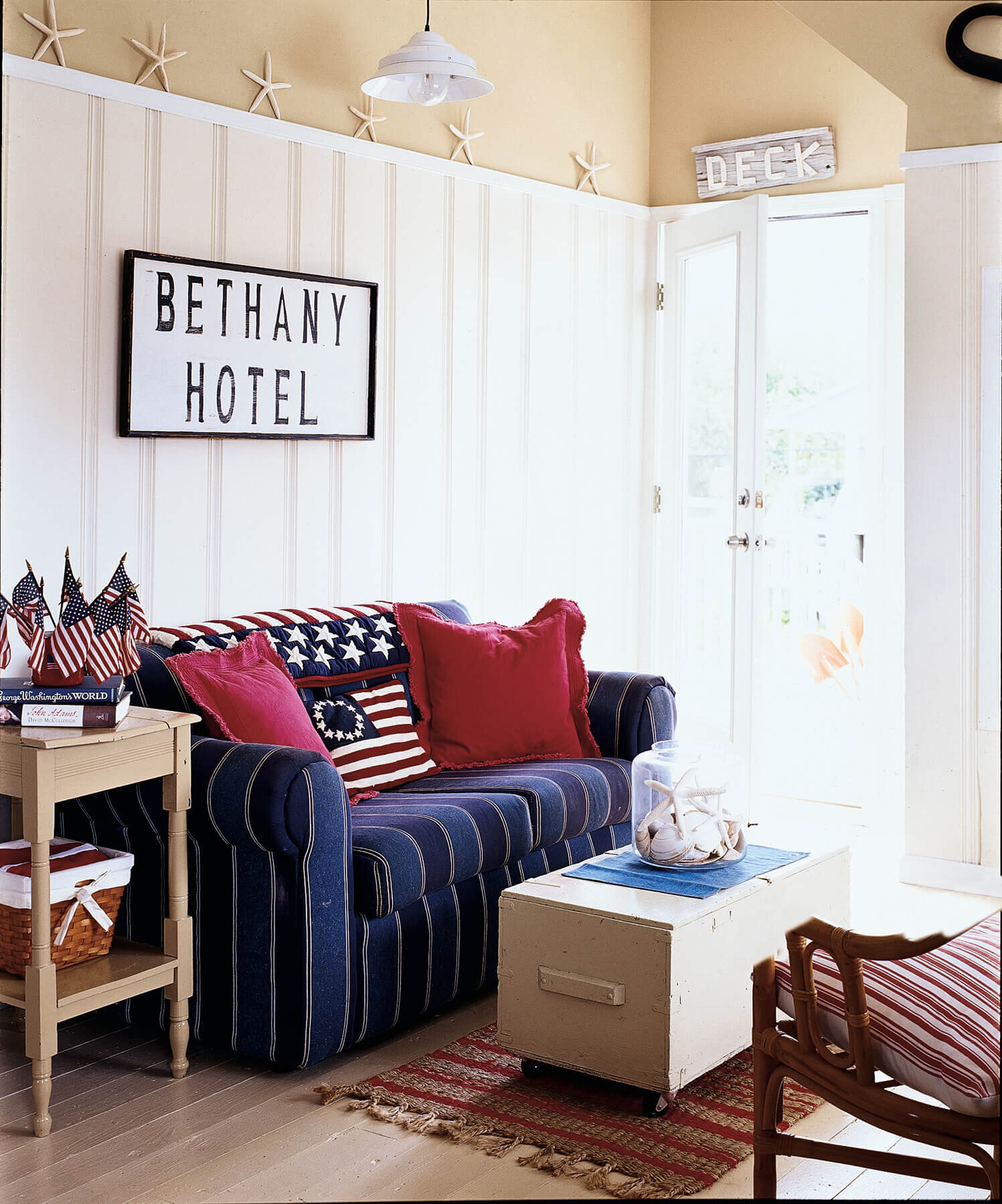 Red white and blue sitting room with paneled walls.