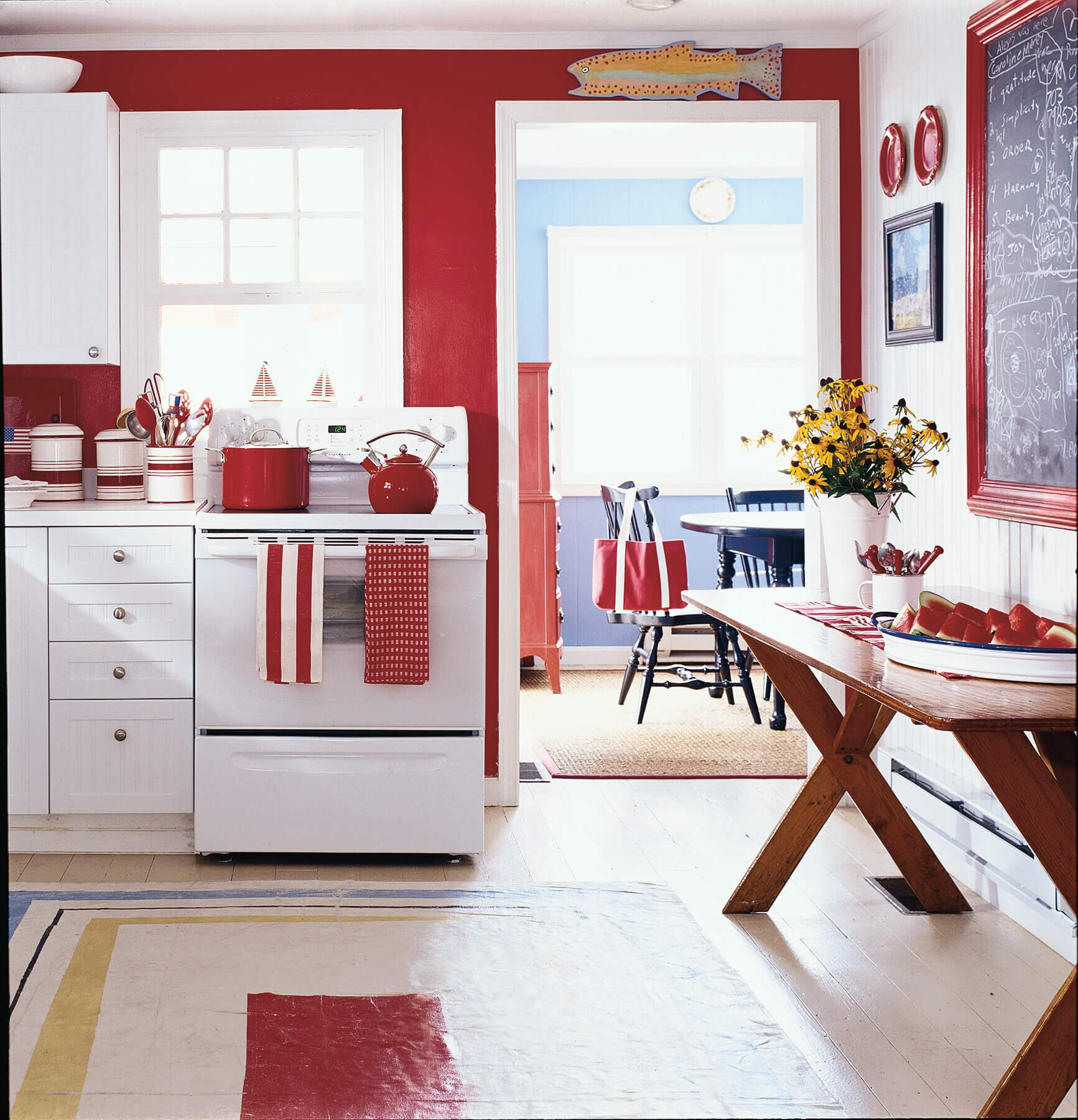 Red white and blue country kitchen.