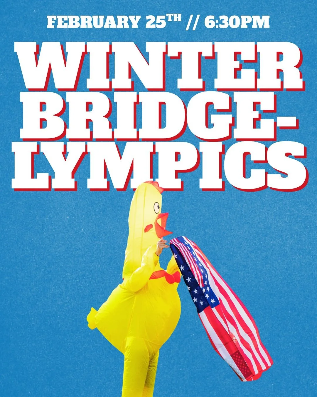 WINTER BRIDGELYMPICS NEXT WEEK!! 

We are excited to see each team compete against each other in winter olympic themed games for the bridgelympic medals! Who will take the gold??! 🏅Please be sure to dress in your team colors! See you there! 🙌🏼