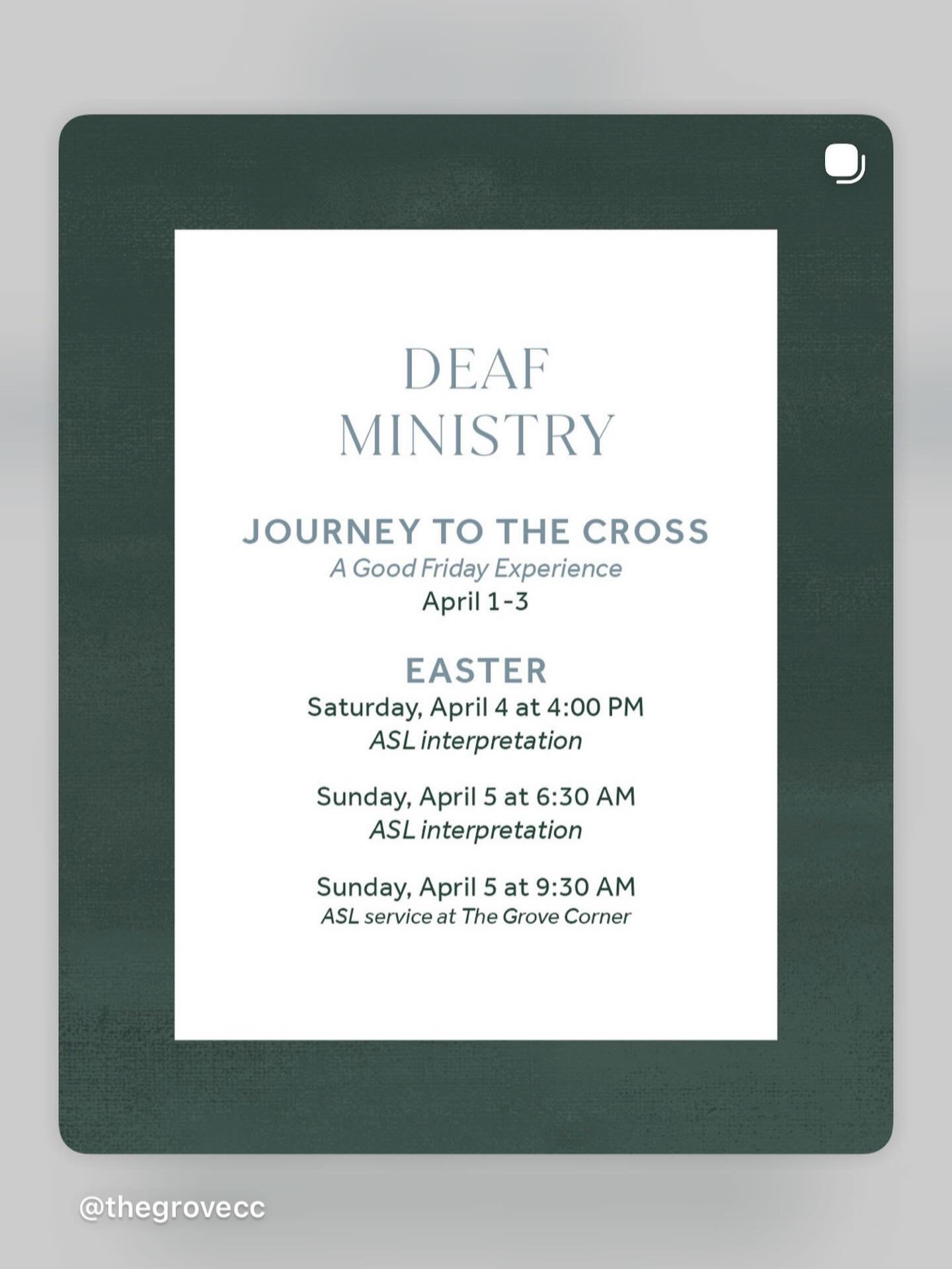 Join us this weekend at one of our Easter services! Easter Sunday: Interpreted at 6:30a at the East Lawn // ASL/Deaf Service: 9:30a at the Corner! Come and celebrate the Resurrection of Christ!