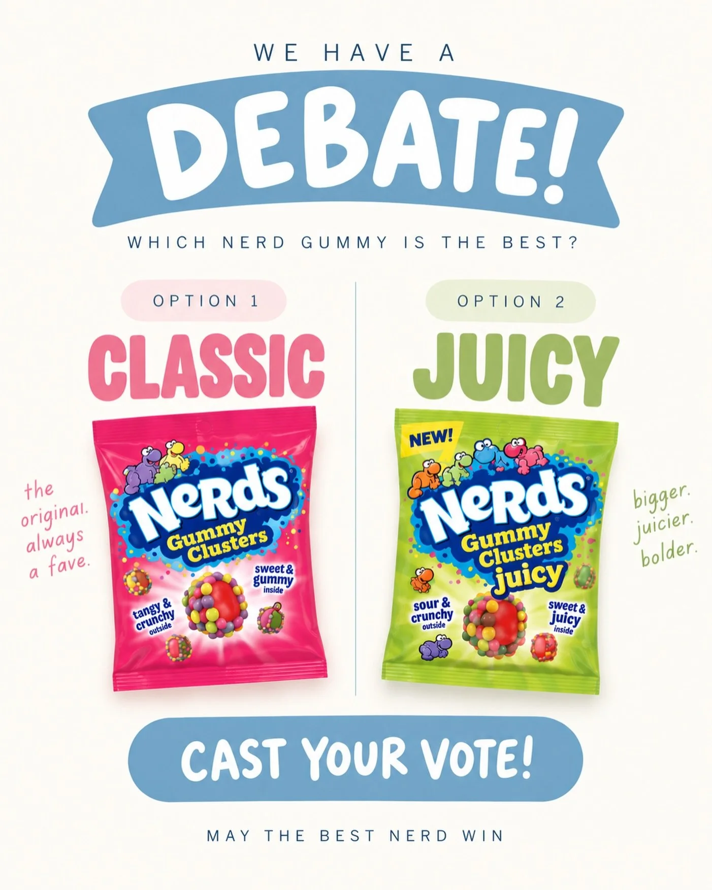 We need to settle something important. 😂

There are two kinds of people in this world: Classic Nerds Gummy Cluster people and Juicy Nerds Gummy Cluster people.

And apparently&hellip; feelings are STRONG. 😂

So we&rsquo;re taking it to the church f