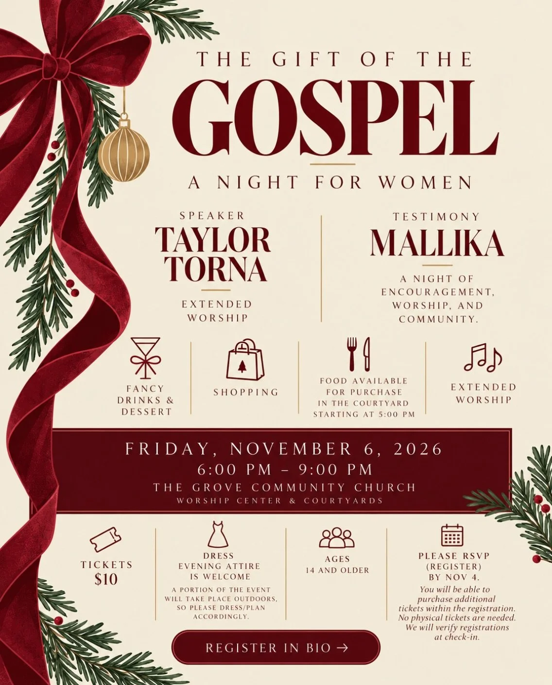 The best gifts are meant to be shared. 🎁

This season, who is someone you could invite to experience the greatest gift of all?

A friend, a neighbor, your sister, your mom, or someone who could use a night of encouragement.

Join us for The Gift of 