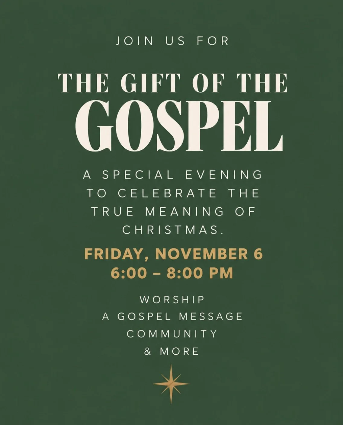 A night to slow down, come together, and celebrate the greatest gift of all. 🤍

Join us for The Gift of the Gospel &mdash; an evening of worship, encouragement, and community.

🎄 Friday, November 6 | 6&ndash;9 PM
📍 The Grove Community Church
🎟️ $