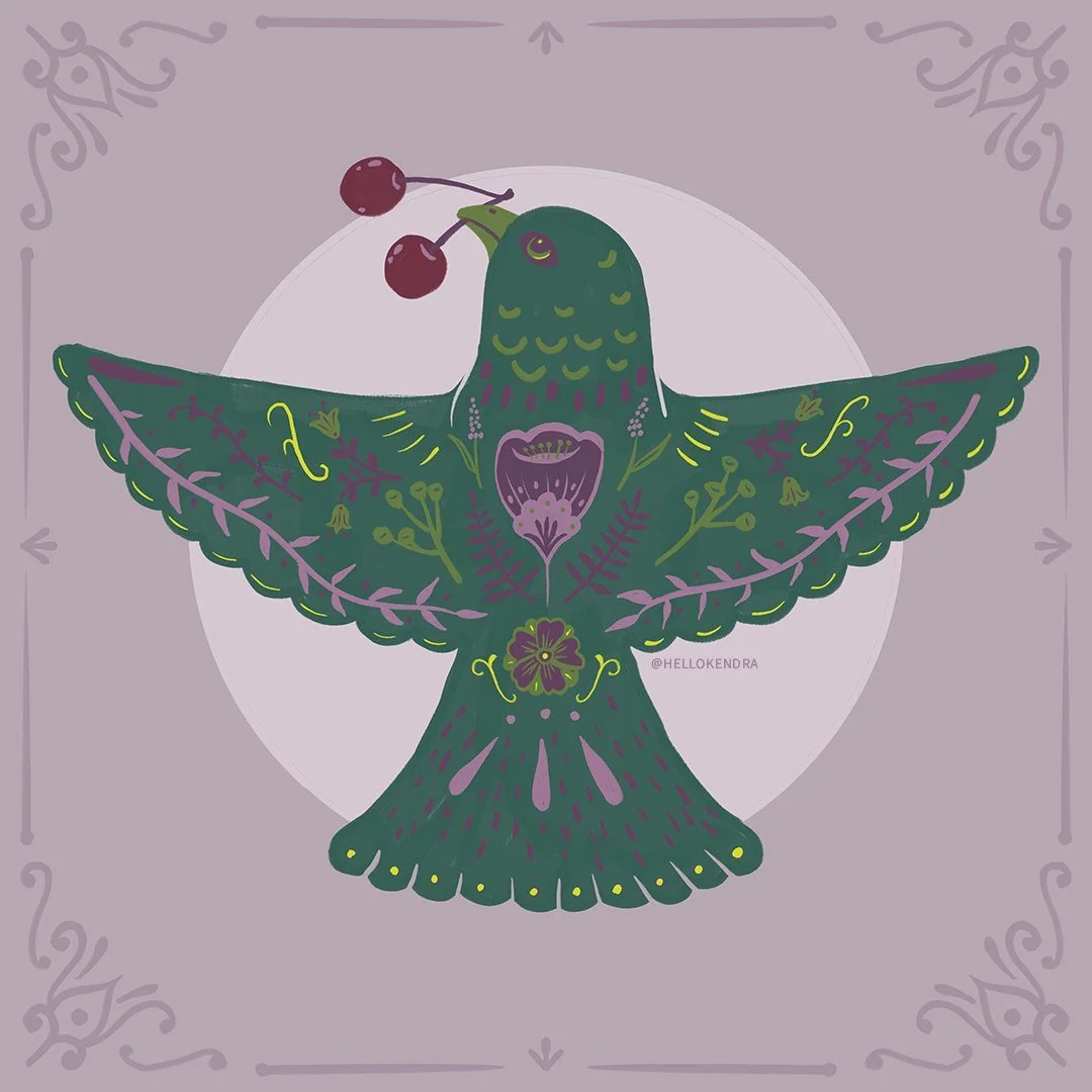 Prompt: Crow and Cherries for #botanicalbeasties2025 
I used this fun and funky color palette from @powerupcreate 

I love folky floral animal art so this was the perfect opportunity to try it out! Had fun with this one. Wish I could say it was a qui
