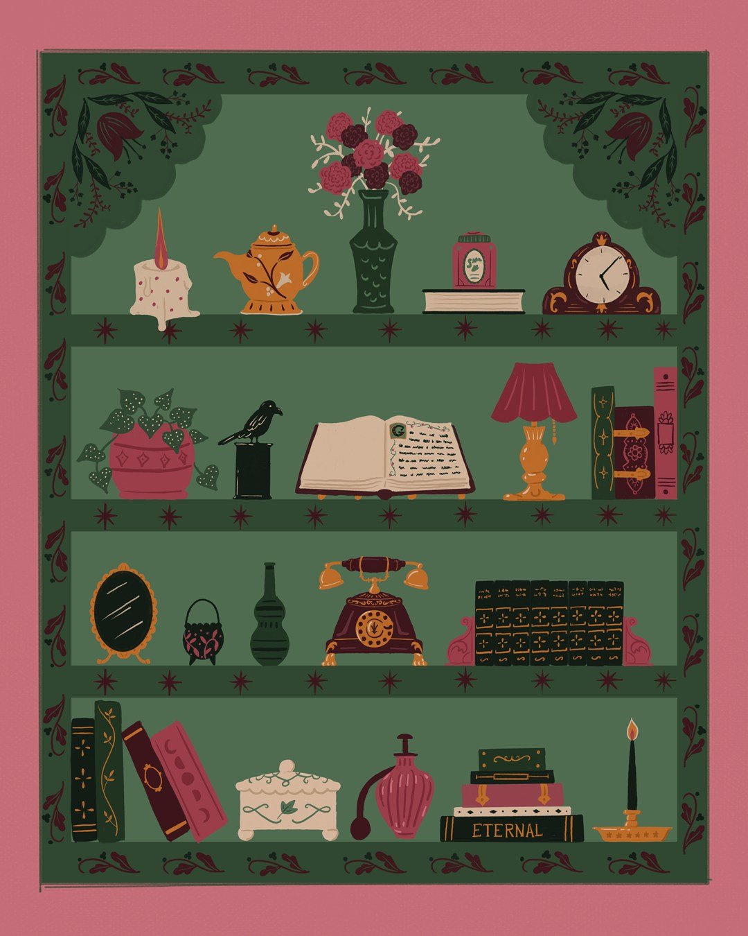 A close up of my bookshelf illustration with all the fun knick knacks. The theme for this is "enchanted bookshop". I wanted it to have a vintage feel - hence the rotary phone and old school clock. 
Do you remember rotary phones? I'm old eno